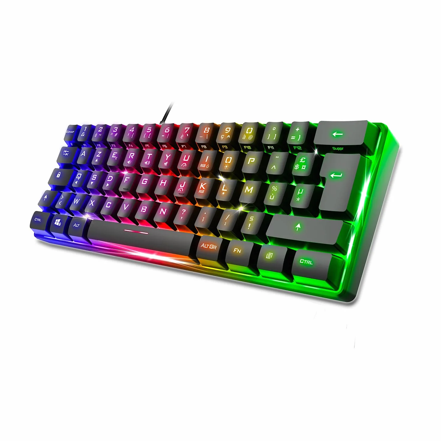 Spirit Of Gamer - Pro K2, pół-mechaniczna przewodowa klawiatura gamingowa, kompaktowy format TKL 60%, 62 klawisze, w tym 24 antyghosting, tęczowe podświetlenie RGB, regulowana wysokość, czarna