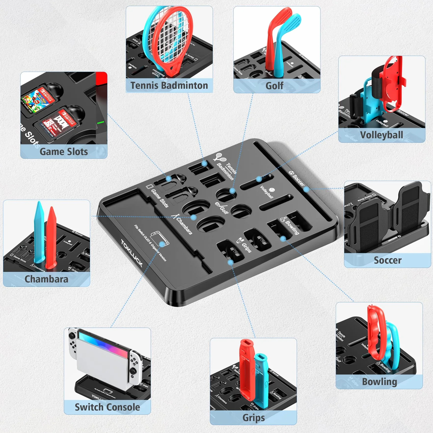 Tokluck 15 w 1 Akcesoria sportowe Switch 2023, zestaw akcesoriów sportowych Switch z organizerem do konsoli Switch/OLED i akcesoriami sportowymi do gier sportowych Switch