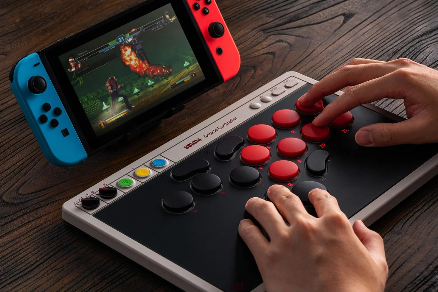 8BitDo All-Button Arcade Controller do Switch/Switch 2 i Windows - Bluetooth, 2,4 G, łączność przewodowa, niskoprofilowe przełączniki mechaniczne, 4 programowalne przyciski, płytka drukowana z