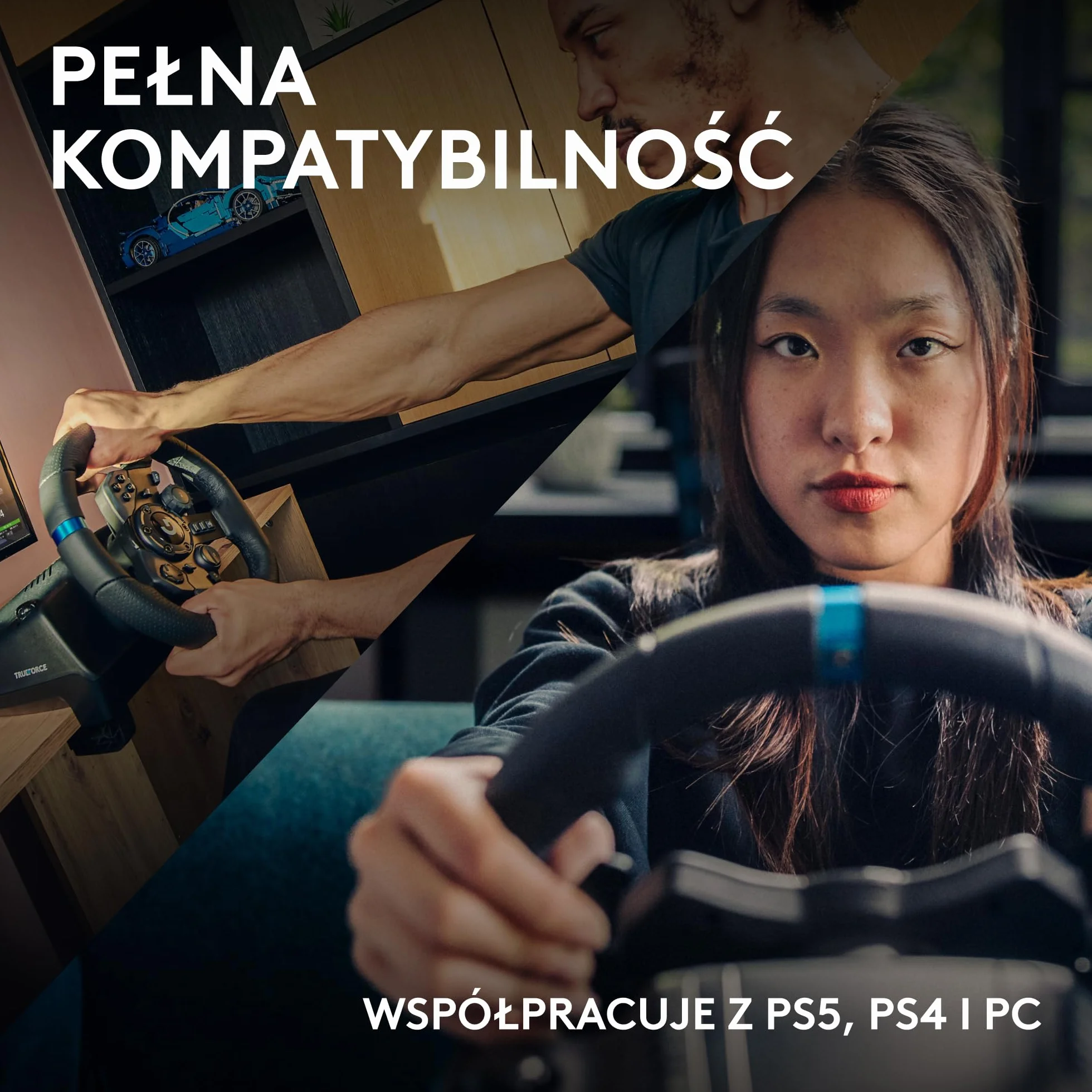 Logitech G G923 Kierownica wyścigowa i pedały, siłowe sprzężenie zwrotne TRUEFORCE 1000 Hz, responsywna forma kierowania, podwójne sterowanie uruchamianiem sprzęgła, skóry, PS5, PS4, PC, Mac - Czarny