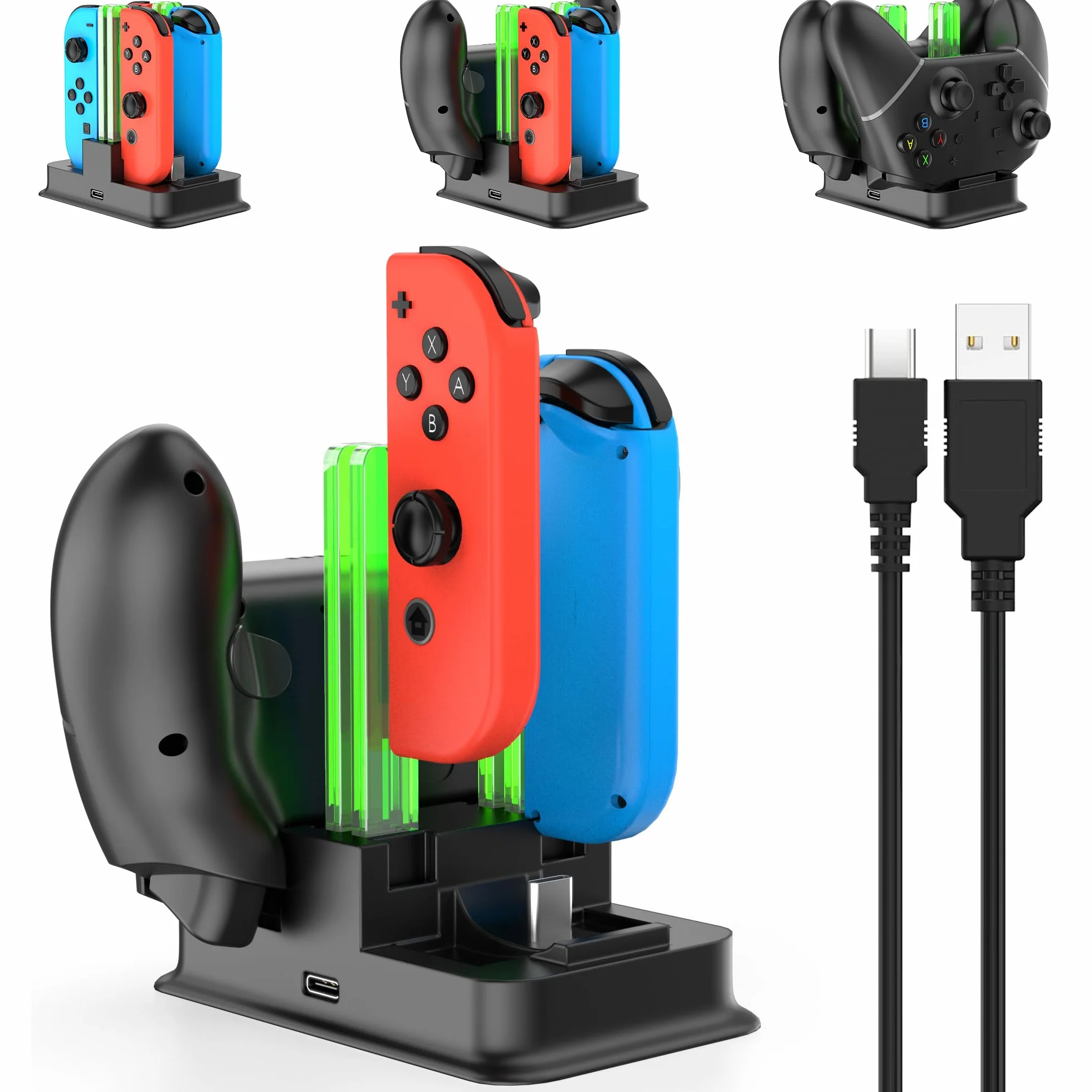 RREAKA Charging Dock for Joy Con Charger for Nintendo Switch with LED Light Bar, Switch Controller Charger for Switch OLED for Joycon Charging Stand with Individual LED Indicator - Black