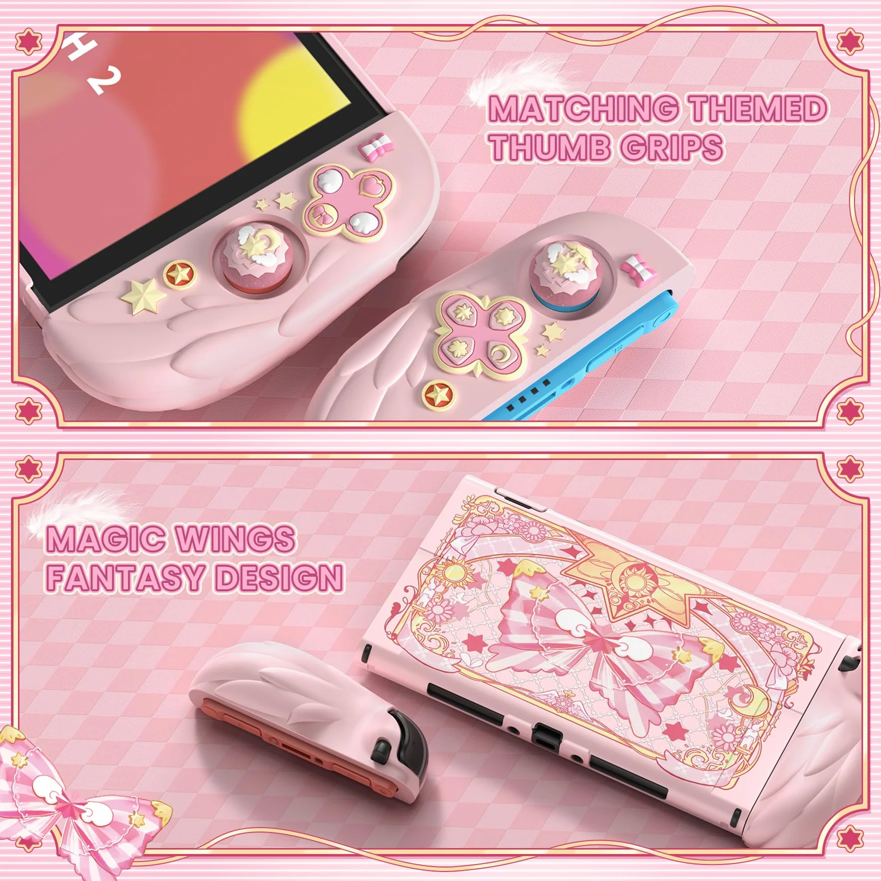 PlayVital Etui Ochronne do Switch 2 z Silikonowymi Osłonami Joycon, Różowe, Styl Magiczne Skrzydła