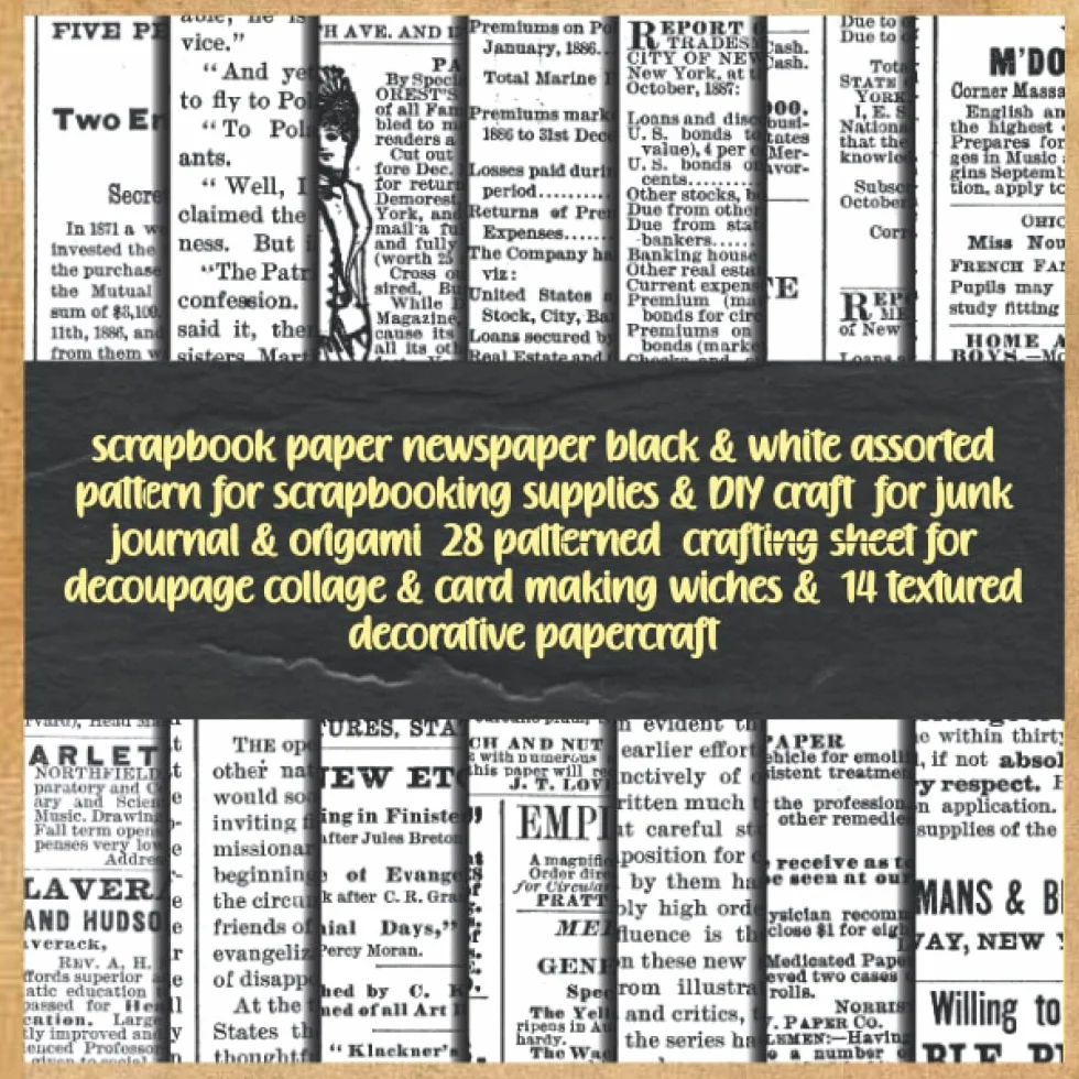 scrapbook paper newspaper black & white assorted pattern for scrapbooking supplies & DIY craft for junk journal & origami 28 patterned crafting sheet ... wiches & 14 textured decorative papercraft
