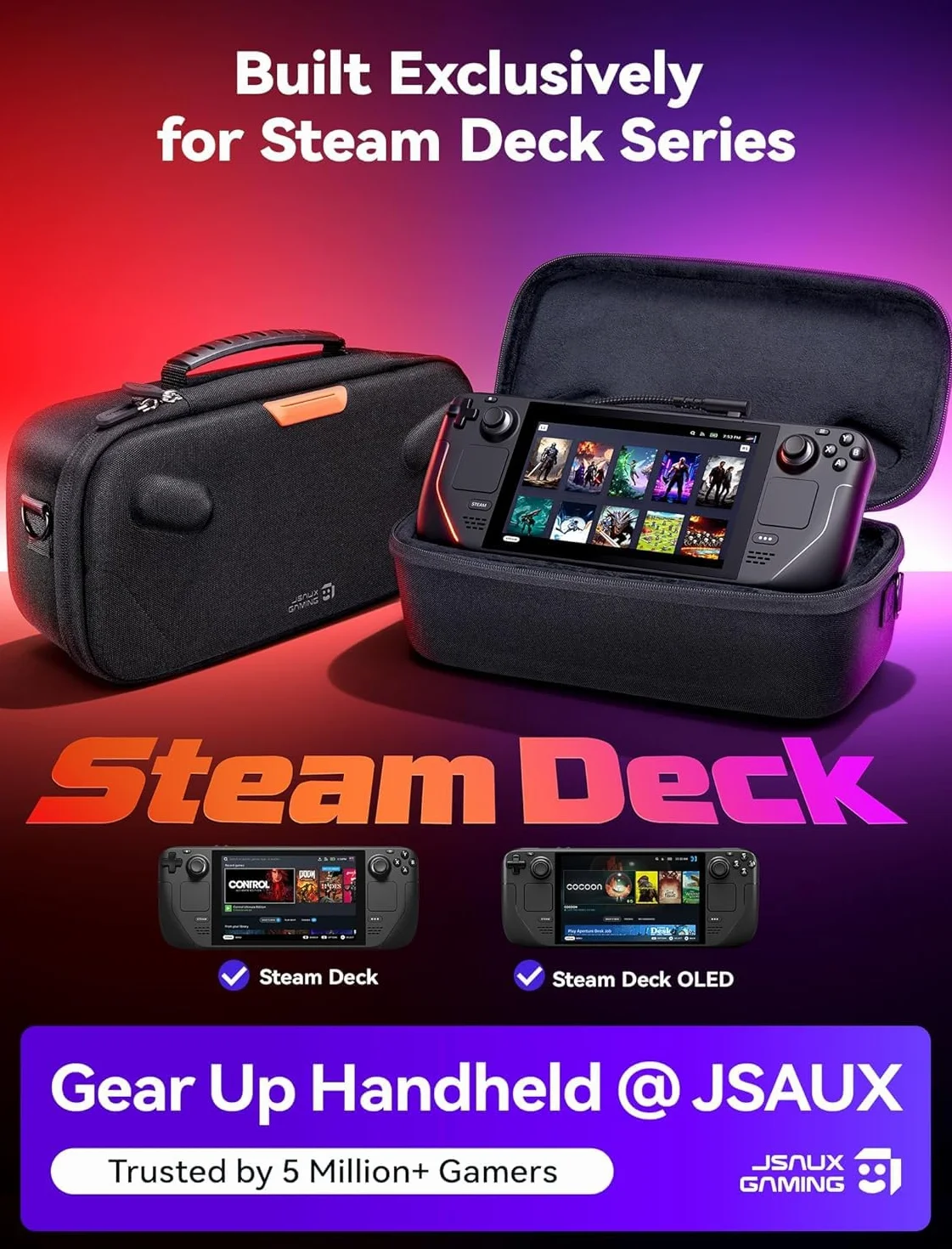JSAUX Torba Steam Deck na Steam Deck i Steam Deck OLED, dwuwarstwowa, twarda obudowa ochronna z otworem na kabel, w zestawie kątowy kabel USB C, duża pojemność na ładowarkę i akcesoria