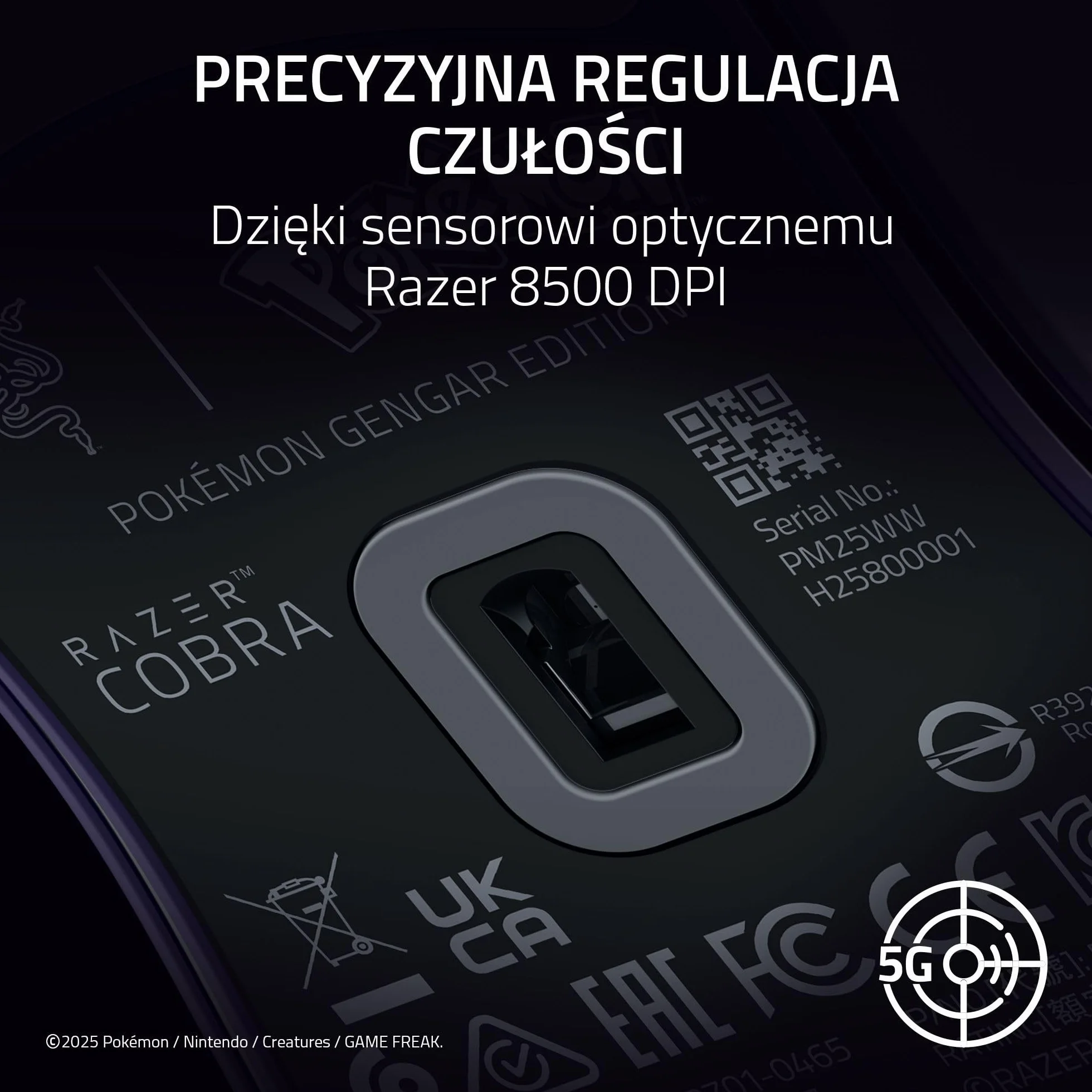 Razer Cobra Gengar Edition - Lekka przewodowa mysz do gier - Czujnik 8500 DPI - 58 g - Przełączniki optyczne trzeciej generacji - Podświetlenie Chroma - Kabel Speedflex - PC/MAC | Pokémon Gengar