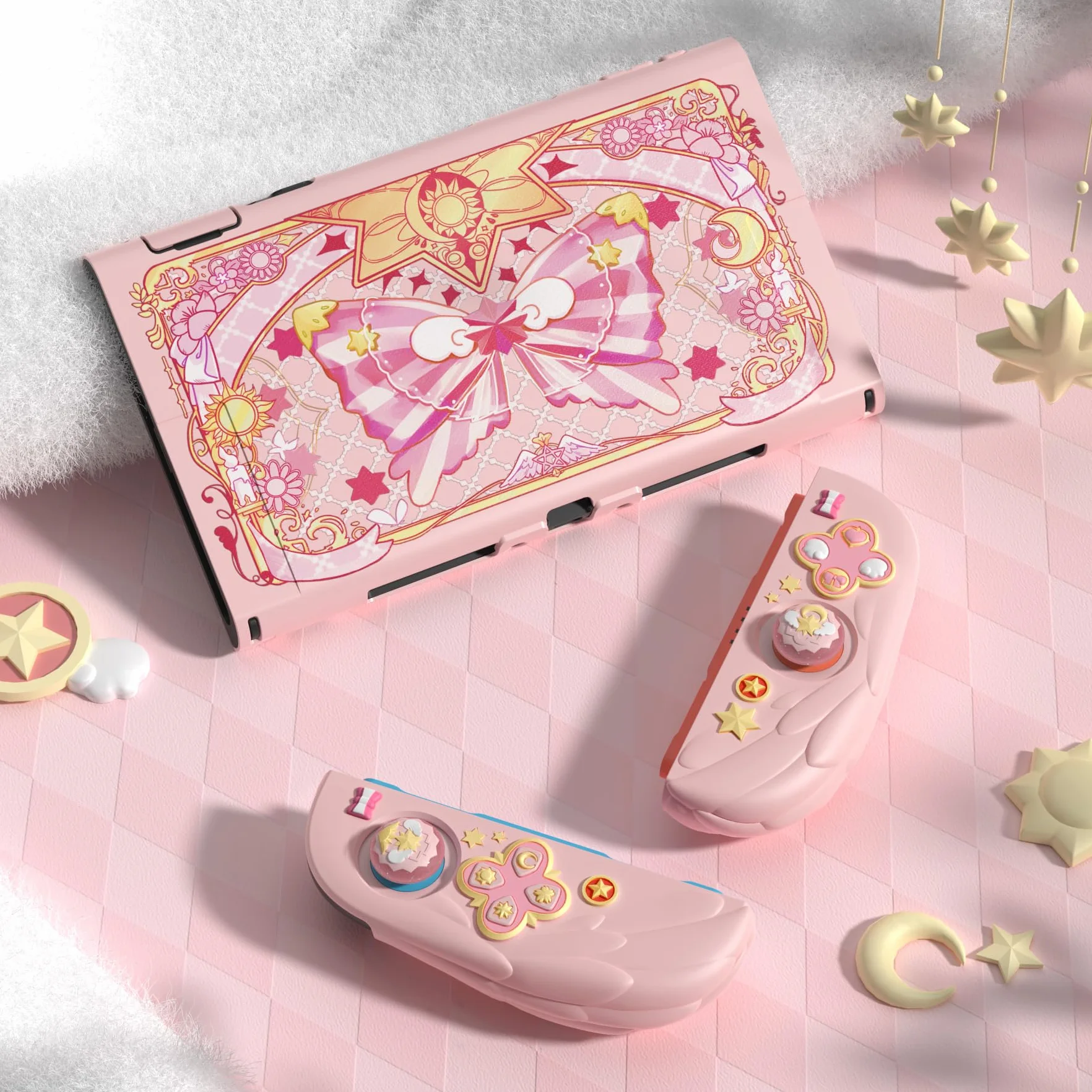 PlayVital Etui Ochronne do Switch 2 z Silikonowymi Osłonami Joycon, Różowe, Styl Magiczne Skrzydła