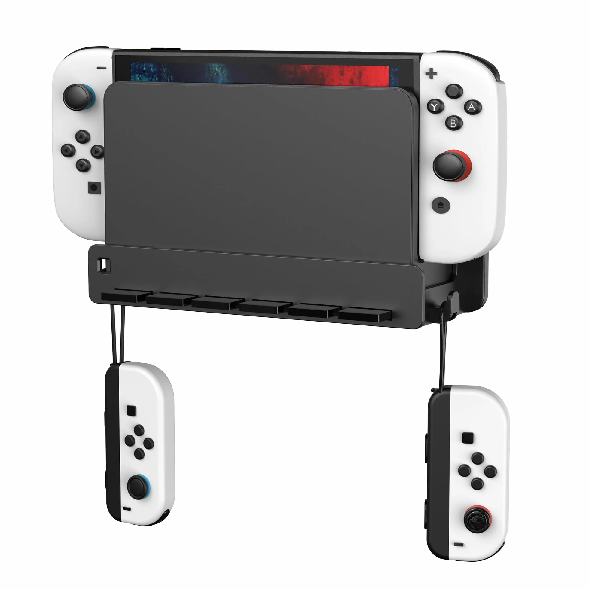SOKUSIN Uchwyt ścienny kompatybilny z Switch – oszczędzający miejsce uchwyt z haczykami Joy-Con i 6 przegródkami na karty do gry, powierzchnia do odkładania, nadaje się do salonu i