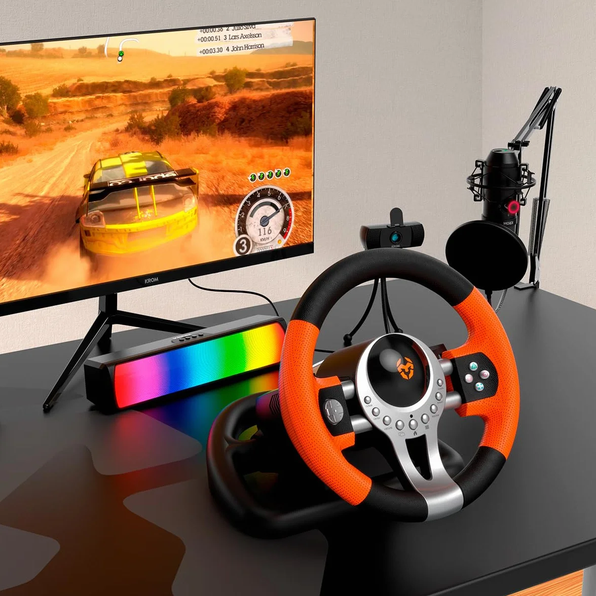 KROM K-DRIVER- Wieloplatformowy zestaw kierownicy i pedałów, dźwignia zmiany biegów i łopatki na kierownicy, efekt wibracji, kompatybilny PC, PS3, PS4 i XBOX, czarno-pomarańczowy