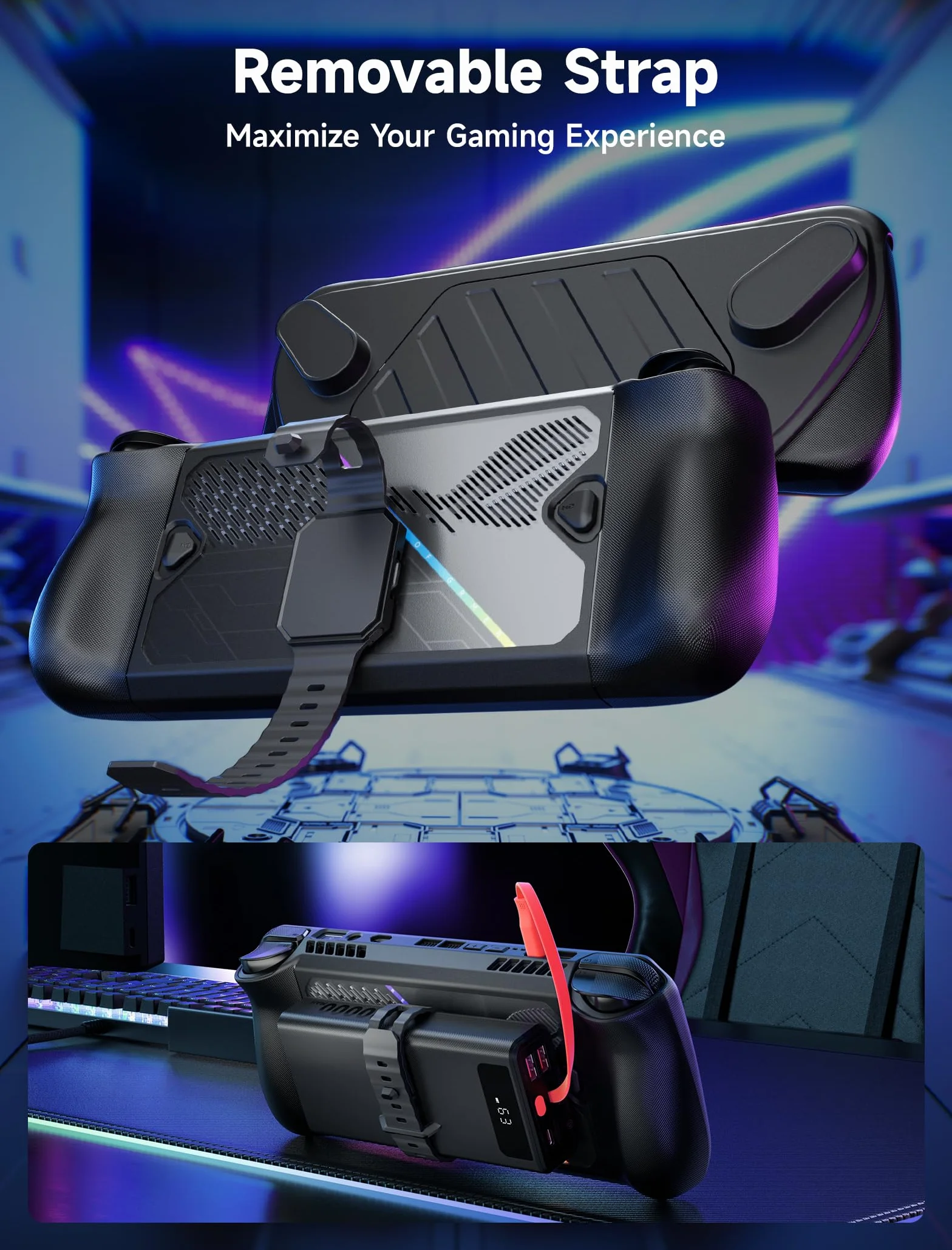 JSAUX ModCase do ROG Ally X z odpinaną przednią obudową, etui ochronne, metalowy uchwyt i pasek do akcesoriów PowerBank, kompatybilne z ASUS ROG Ally X, akcesoria, zestaw podstawowy - PC0111 (czarne),