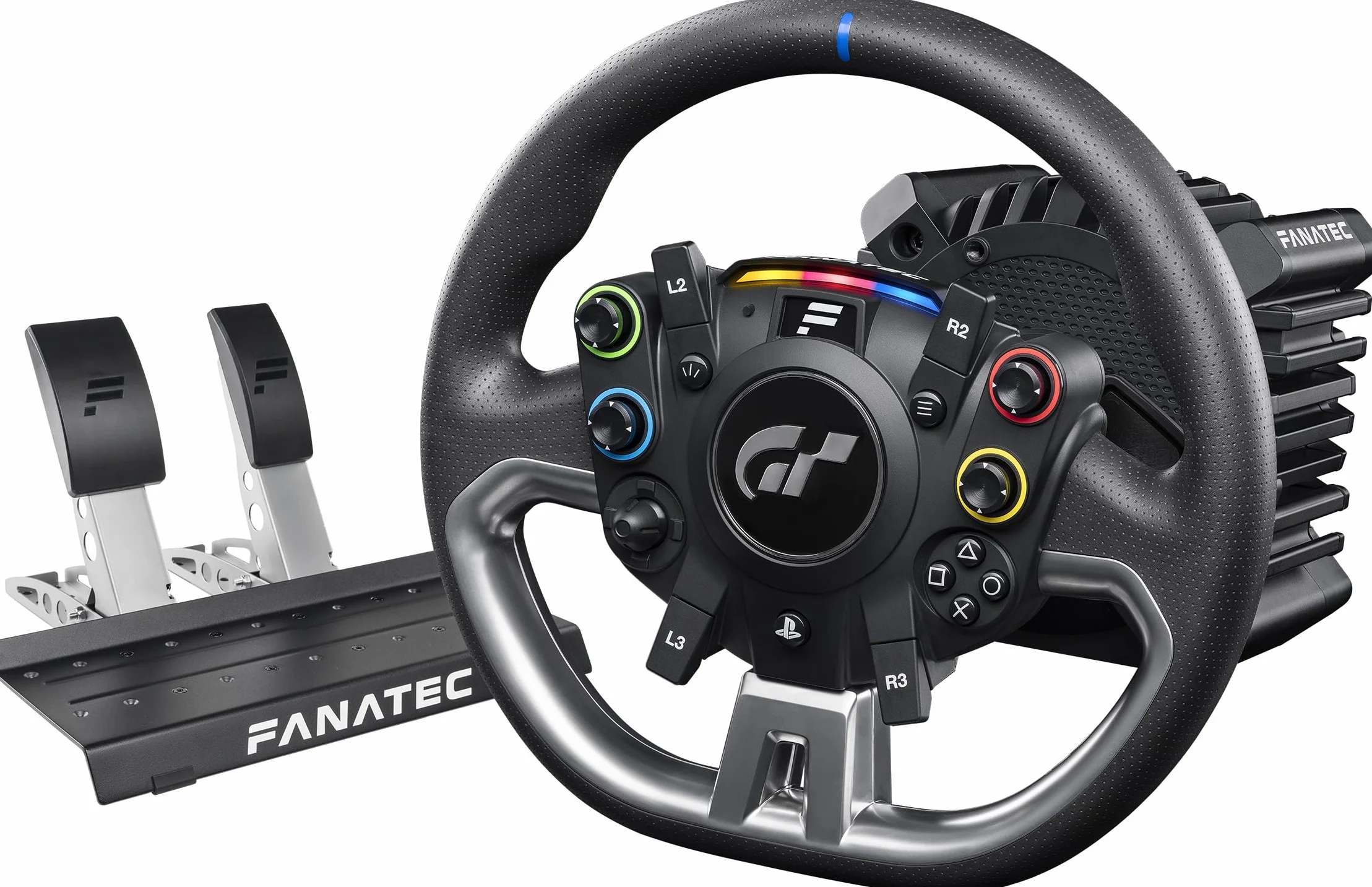 FANATEC Oficjalna licencja Gran Turismo DD Pro PlayStation Sim Racing, podstawa i pedały - polifoniczna kierownica cyfrowa, napęd bezpośredni 5 nm, FluxBarrier, zestaw 2 pedałów do PC, PS5, PS4