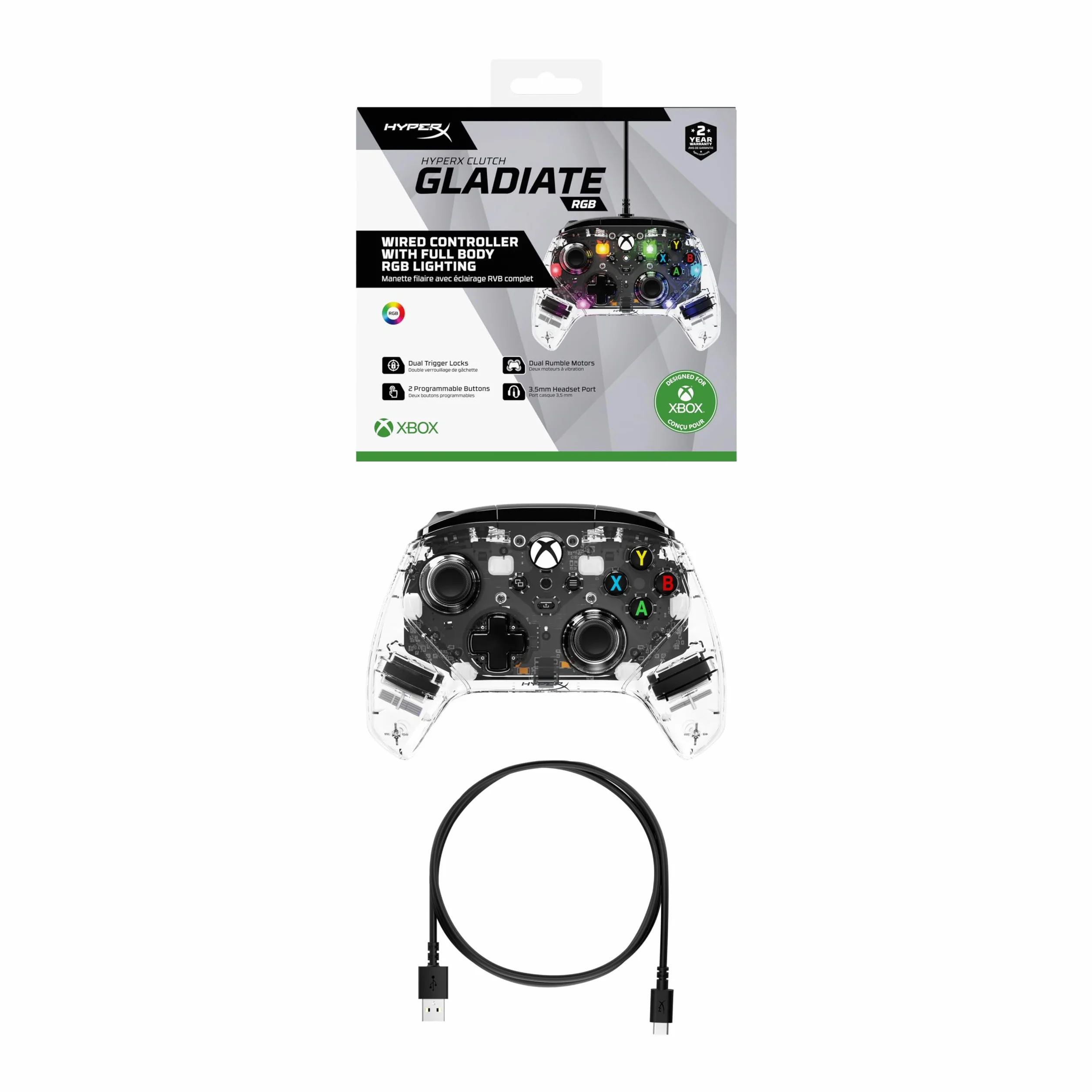 HyperX Clutch Gladiate RGB przewodowy kontroler do Xbox One, Xbox Series X|S, Windows 10/11, Joystick, Gamepad, silniki wibracyjne, z podwójnym silnikiem wibracyjnym, RGB