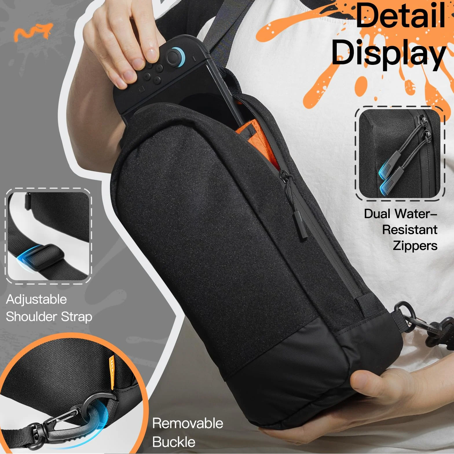 JETech Torba Typu Sling Crossbody do Nintendo Switch 2/Switch OLED/Switch Konsoli, Torba na Ramię z 8 Przegródkami na Karty do Gier, Duża Pojemność na Akcesoria i Ładowarkę, Czarny