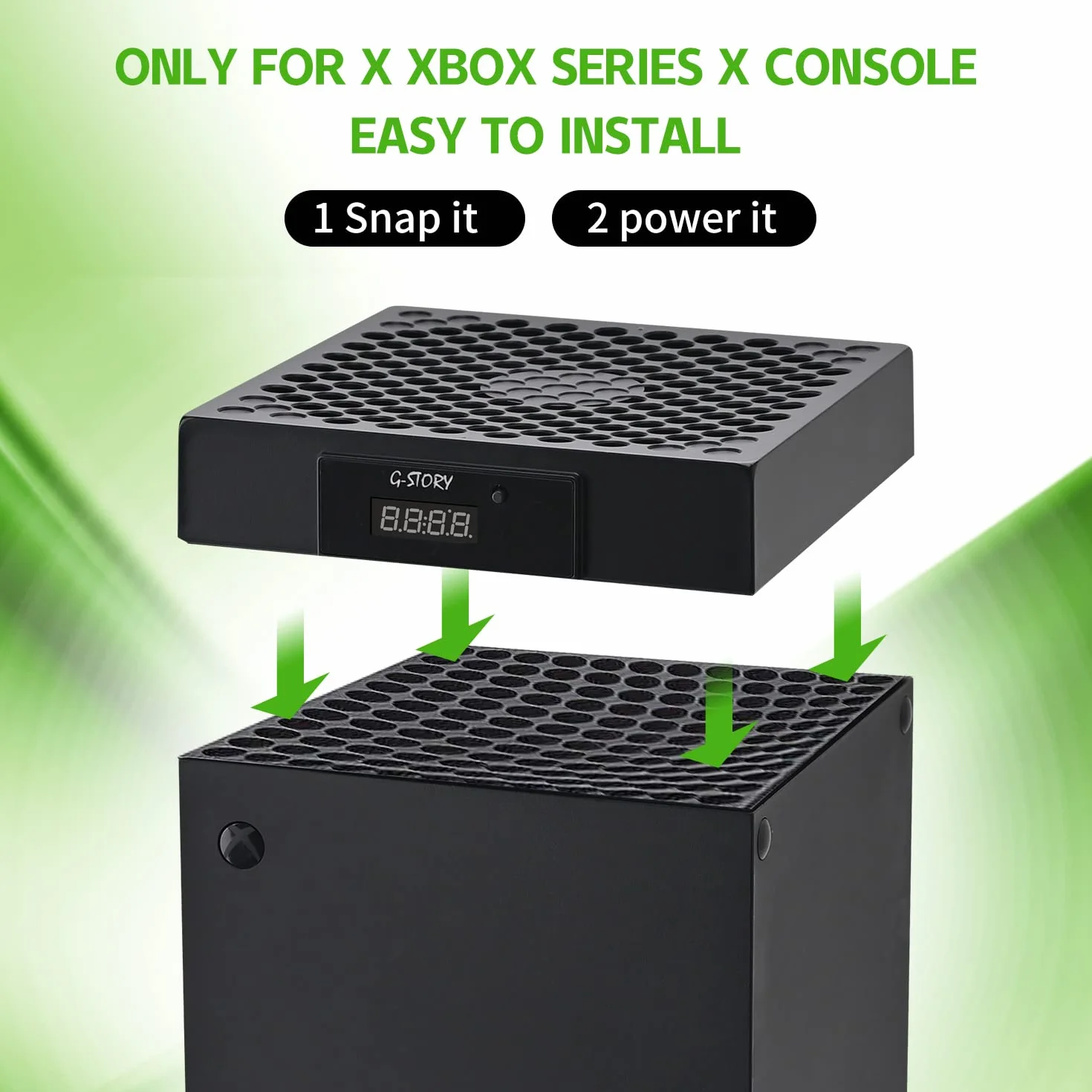 G-STORY Wentylator do Xbox Series X, prędkość wentylatora jest automatycznie regulowana przez temperaturę, dwie temperatury, cichy, 3 prędkości 1500/1750/2000 obr./min (140 mm) z RGB LED