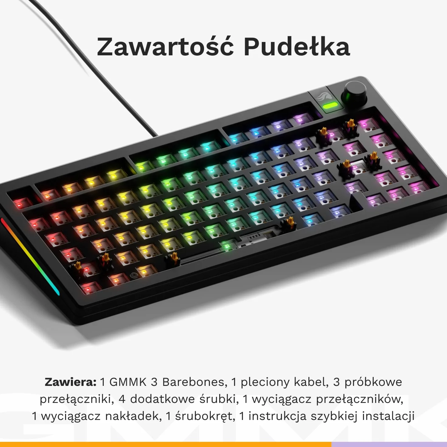 Glorious Gaming - GMMK 3 Barebones: klawiatura z gałką, 75% klawiatura mechaniczna, system uszczelek, przełączniki MX z 5 bolcami z hot swap, pianka dźwiękochłonna, aluminiowy czytnik, ANSI - Czarna