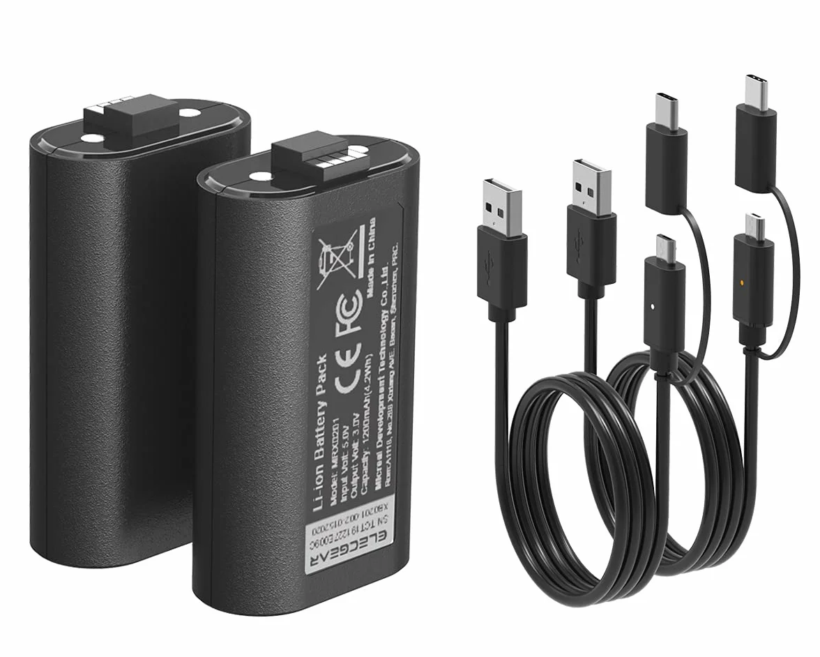 ElecGear Akumulator Litowo-jonowy do Kontrolera Xbox, 2x 1200mAh Li-ion Rechargeable Battery do Xbox Series X/S, Xbox One Bezprzewodowy Kontroler z 2x kablem USB do odtwarzania i ładowania