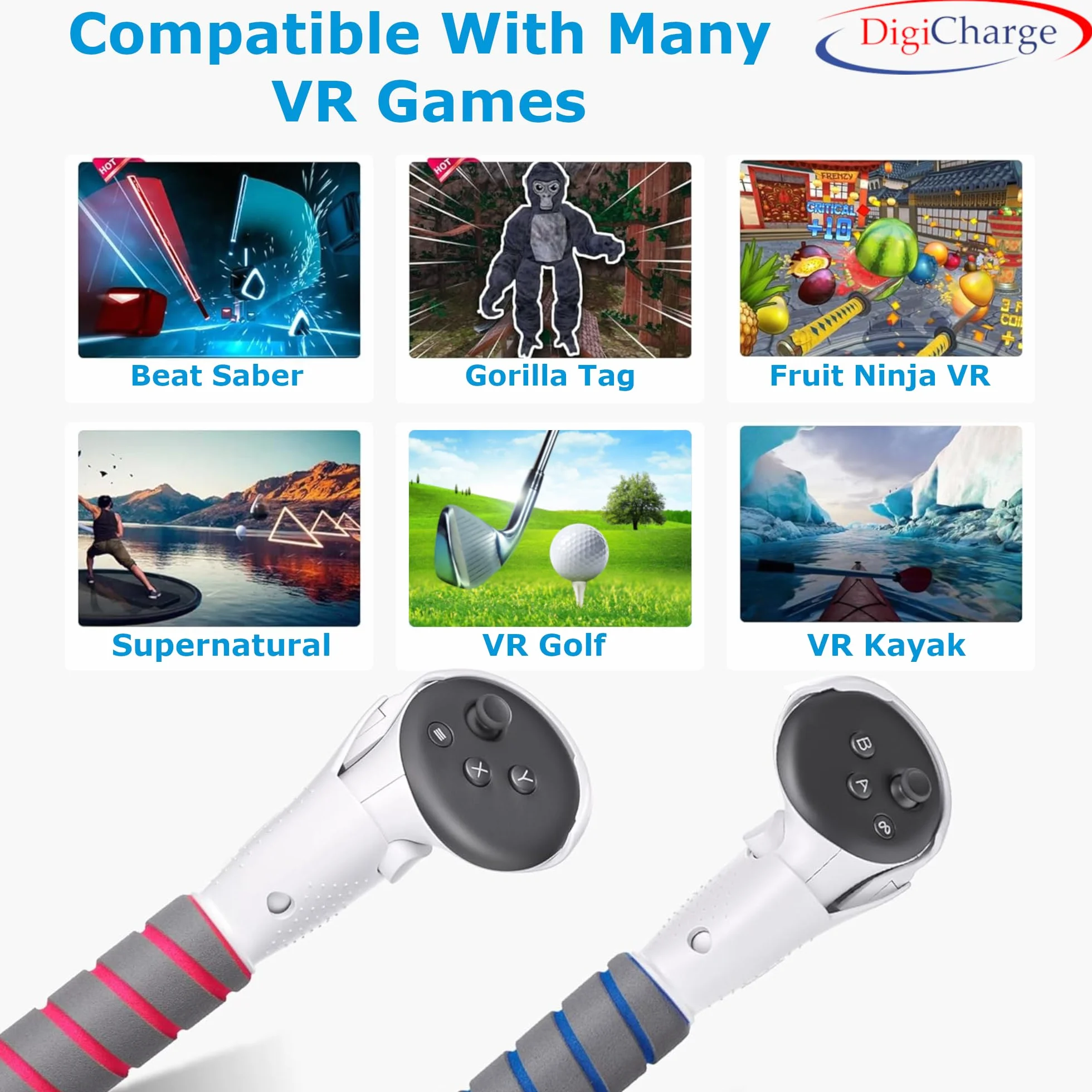 Digicharge Uchwyt 3 w 1 kompatybilny z Sticks Meta Quest 3S / 3S Xbox edition/Quest 3 akcesoria, uchwyty Beat Saber, VR Gorilla Tag, przedłużający uchwyt, do mocowania klubu golfowego