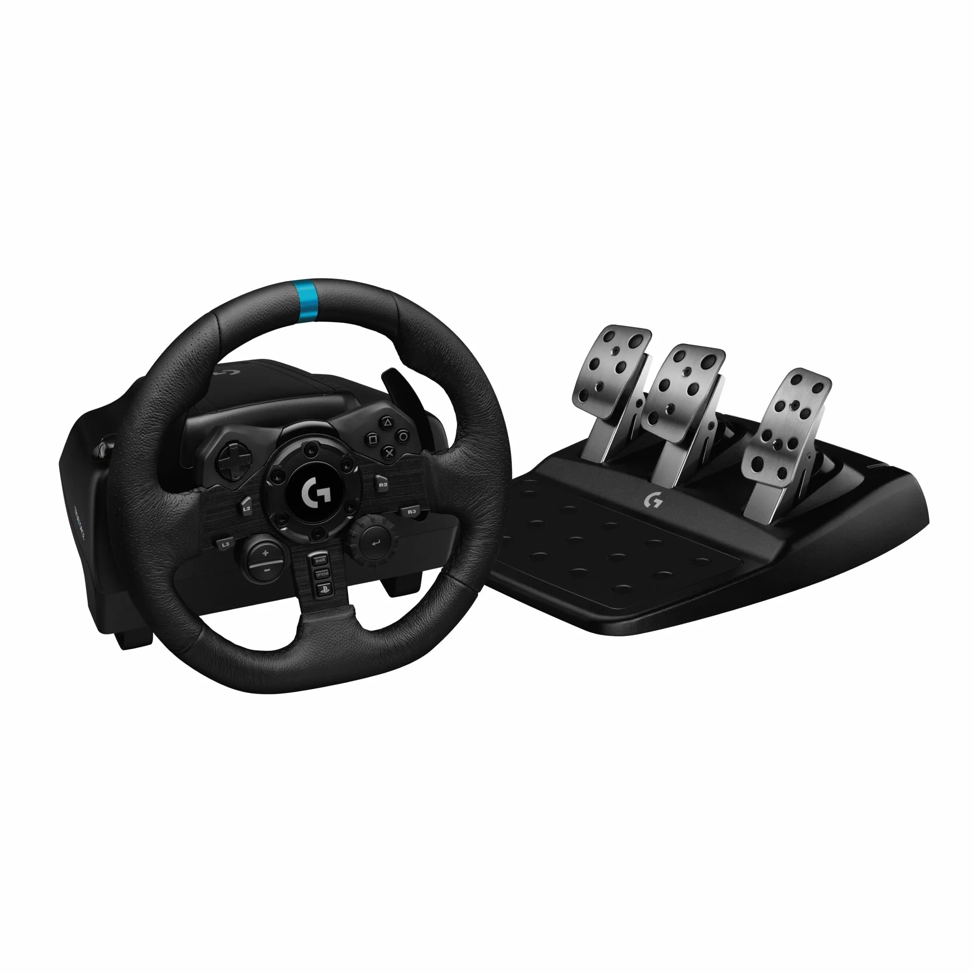Logitech G G923 Kierownica wyścigowa i pedały, siłowe sprzężenie zwrotne TRUEFORCE 1000 Hz, responsywna forma kierowania, podwójne sterowanie uruchamianiem sprzęgła, skóry, PS5, PS4, PC, Mac - Czarny