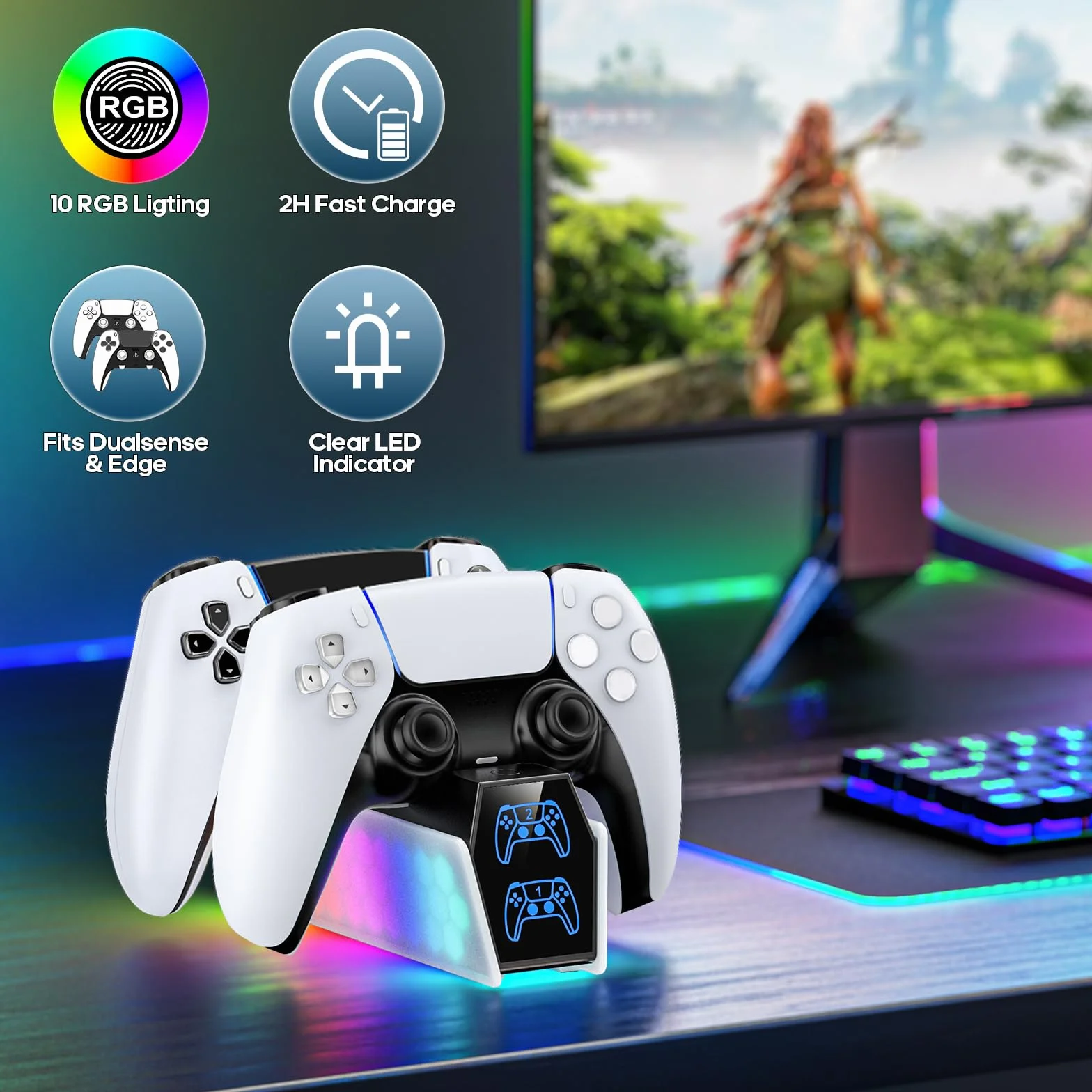 KDD Stacja ładująca do kontrolera PS 5 i PS5 Edge, ładowarka kontrolera PS5 ze wskaźnikiem LED, akcesoria do Playstation 5 stacja ładująca z kablem USB-C