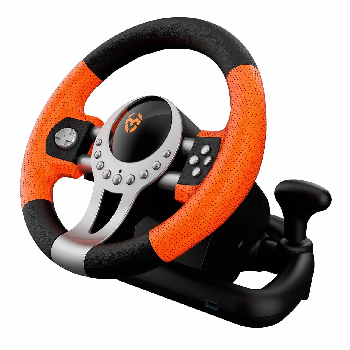 KROM K-DRIVER- Wieloplatformowy zestaw kierownicy i pedałów, dźwignia zmiany biegów i łopatki na kierownicy, efekt wibracji, kompatybilny PC, PS3, PS4 i XBOX, czarno-pomarańczowy