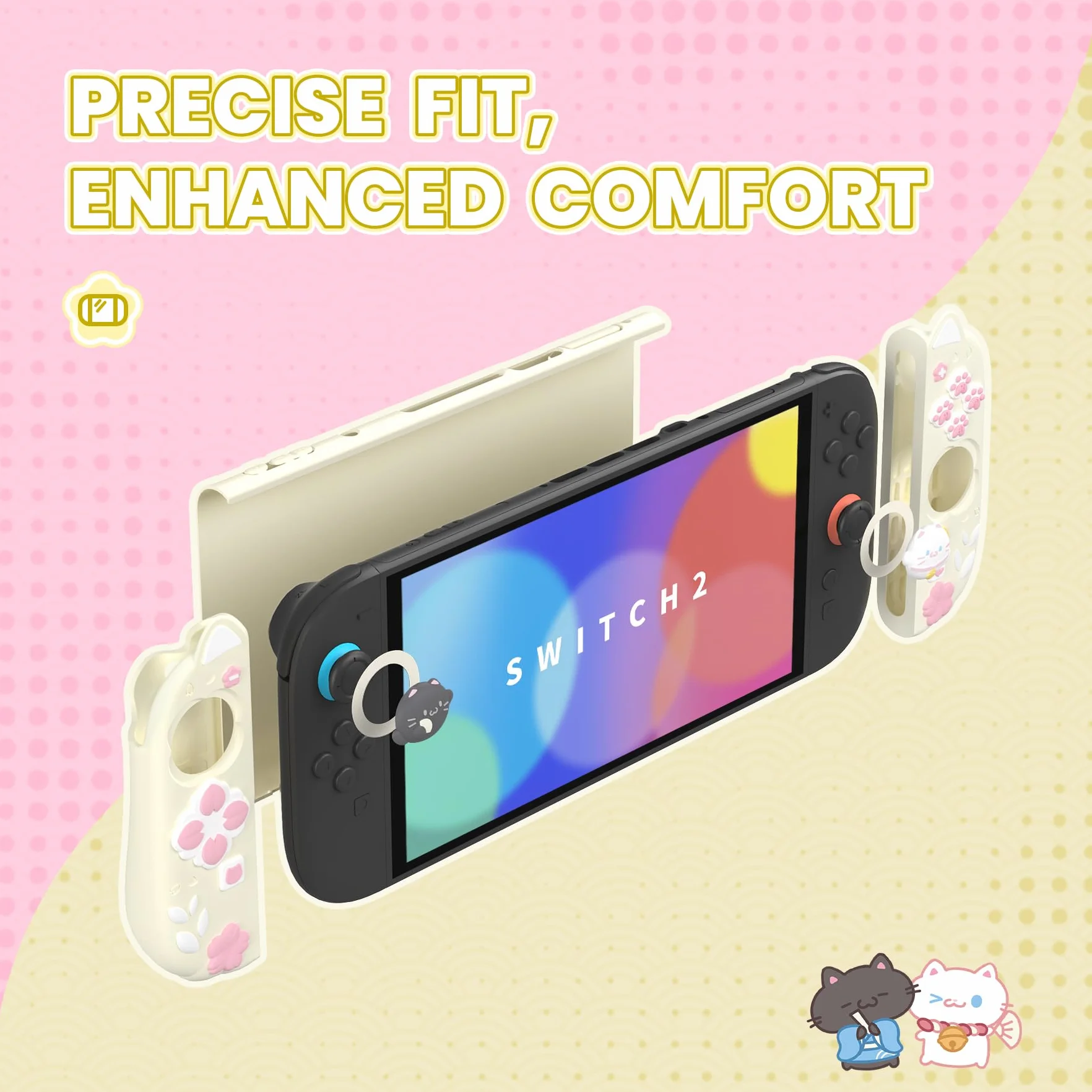 PlayVital Etui do Switch 2 z Silikonowymi Uchwytami Joycon & Nakładkami Joysticki & Podstawką,Akcesorium Ochronne do Switch 2 Konsoli,Dockowalne Etui w Żółty Antyczny-Motyw Kociątko i Kwiaty Wiśni