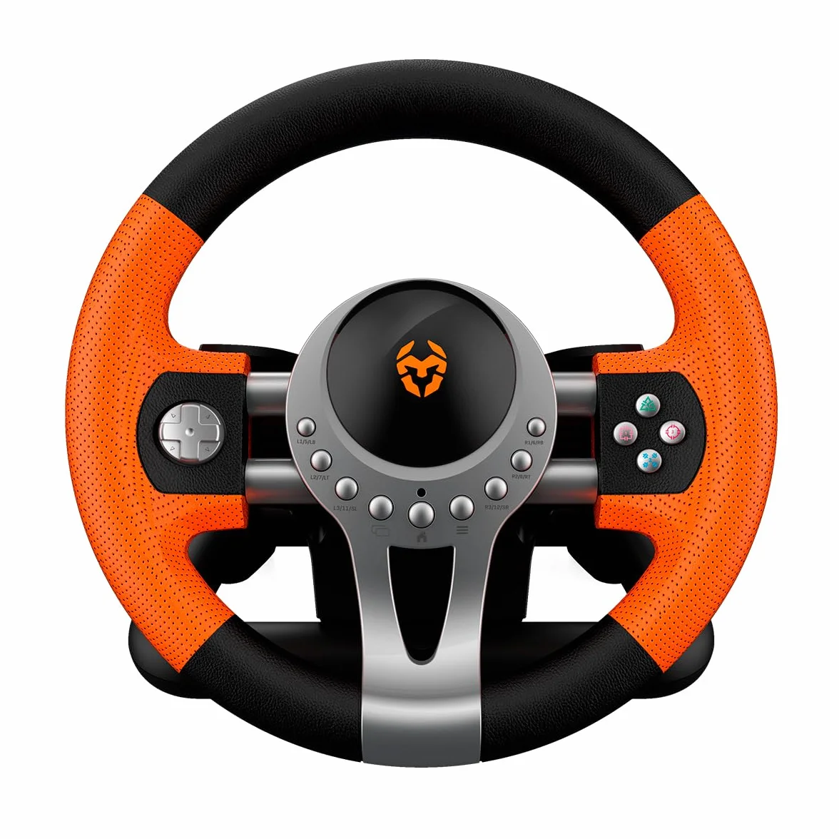 KROM K-DRIVER- Wieloplatformowy zestaw kierownicy i pedałów, dźwignia zmiany biegów i łopatki na kierownicy, efekt wibracji, kompatybilny PC, PS3, PS4 i XBOX, czarno-pomarańczowy