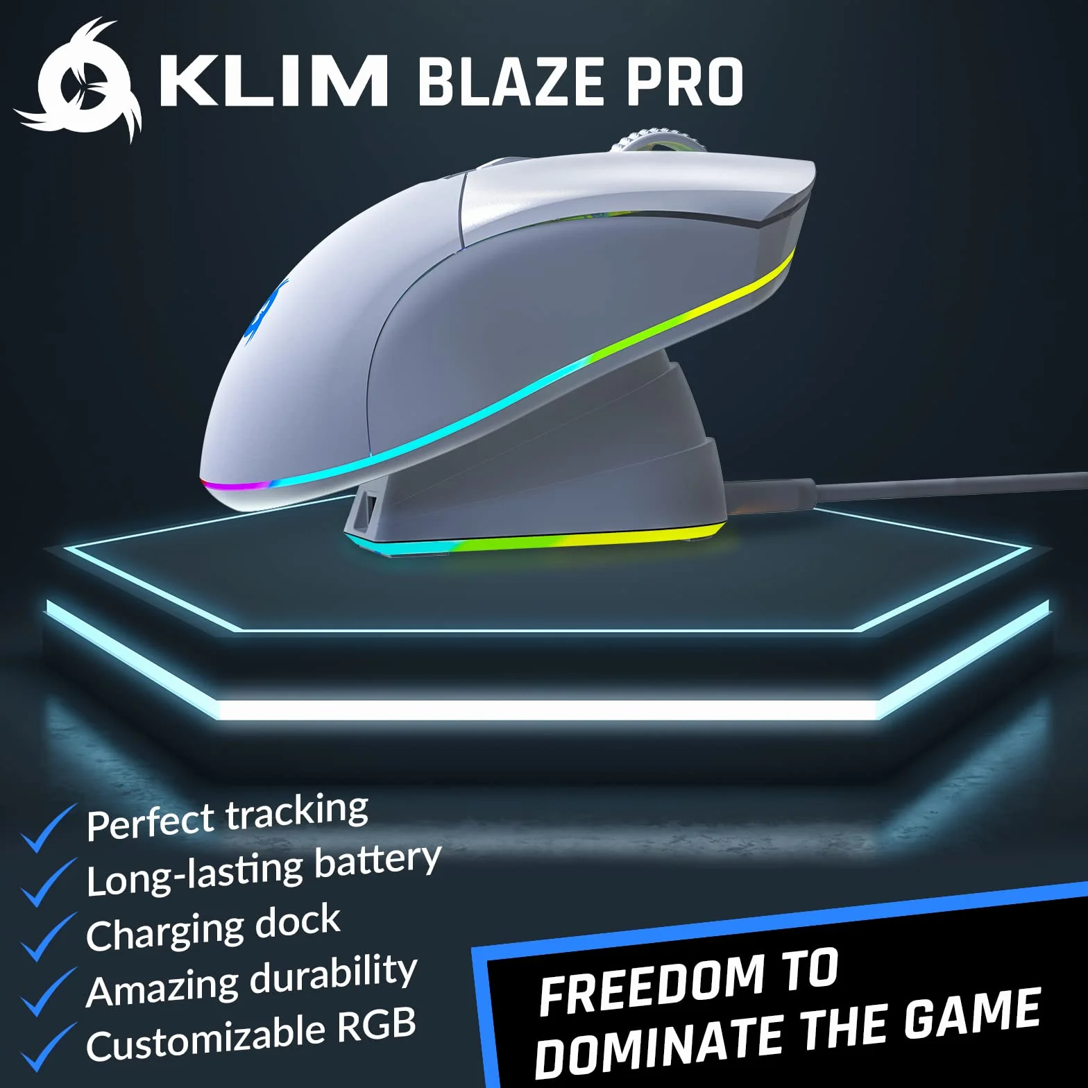KLIM Blaze Pro - Bezprzewodowa mysz do graczy RGB z możliwością ładowania - nowość 2023 - Czujnik o wysokiej precyzji z długotrwałą baterią - 6000 DPI - mysz przewodowa i bezprzewodowa - biała