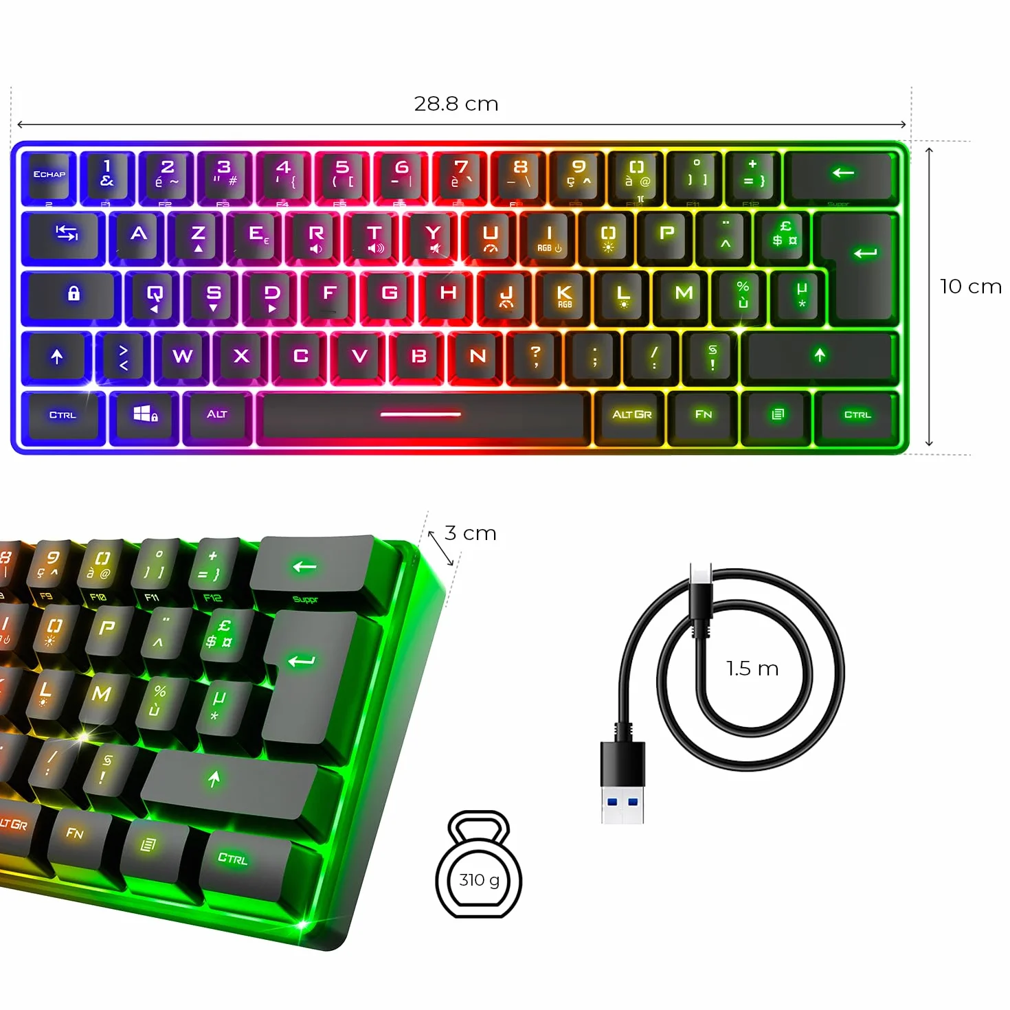 Spirit Of Gamer - Pro K2, pół-mechaniczna przewodowa klawiatura gamingowa, kompaktowy format TKL 60%, 62 klawisze, w tym 24 antyghosting, tęczowe podświetlenie RGB, regulowana wysokość, czarna
