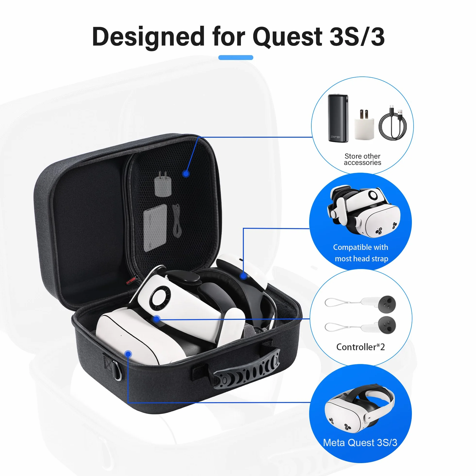 Duża torba do przenoszenia do Meta Quest 3S/3, twarde etui podróżne kompatybilne z BOBOVR S3 Pro/Kiwi Design, pasek na głowę, kontroler quest i akcesoria, przenośna torba podróżna z twardą obudową