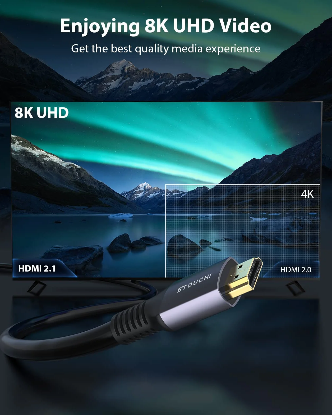 Stouchi 8K HDMI 2.1 kabel 5 m, CL3 In Wall Plenum-Rated High Speed Ultra HD 48 Gbps obsługa kabla 8K60 4K120 eARC RTX HDR10 4:4:4 HDCP 2.2&2.3 Dolby kompatybilny z PS5, Xbox Series X