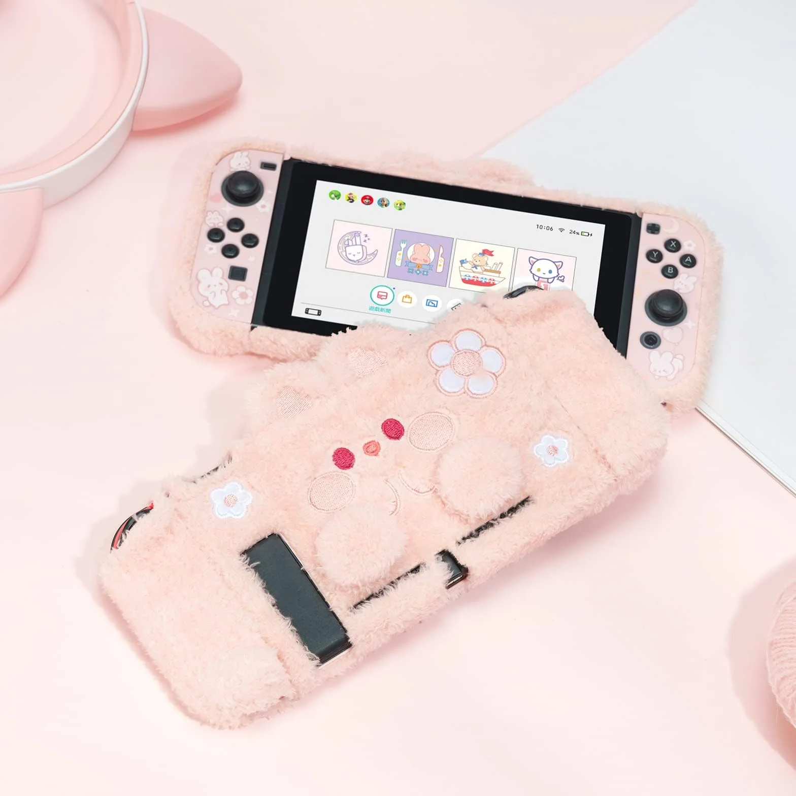 GeekShare Śliczne pluszowe etui ochronne kompatybilne z Switch/OLED - amortyzujące wstrząsy i odporne na zarysowania etui skórzane do OLED/Switch - pluszowy królik (do Switch 2017)