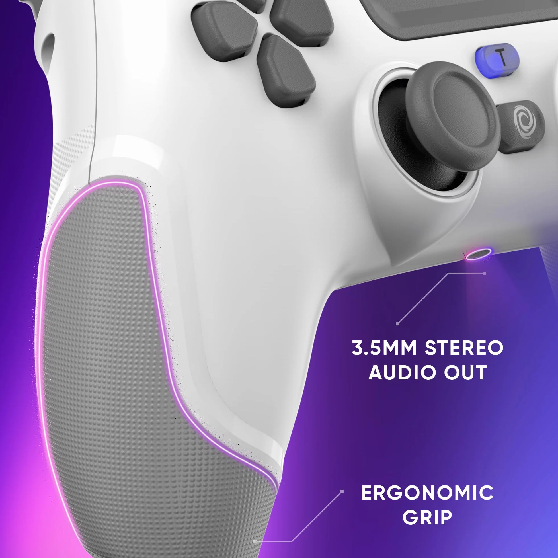 Oniverse Bezprzewodowy kontroler do PS4 PS3 PC Android iOS, gniazdo słuchawkowe, joystick z efektem hali, akumulator 1000 mAh, przyciski makro, funkcja budzenia, 6-osiowy żyroskop, Revolt White