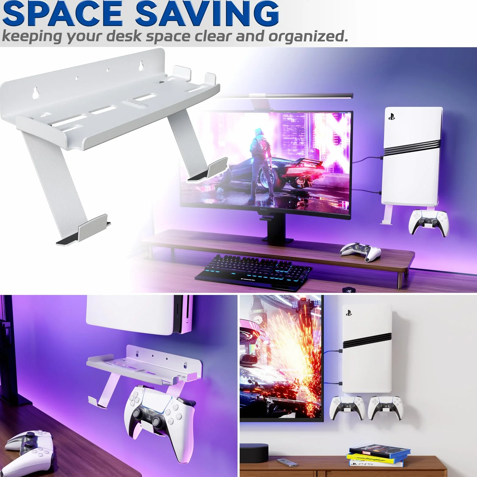 sciuU Uchwyt ścienny do konsoli i kontrolera PS5 Slim / PS5 Pro - stalowy wspornik ścienny 2mm kompatybilny z PlayStation 5 Slim wersje Disc/Digital + uchwyt na 2 kontrolery do gier
