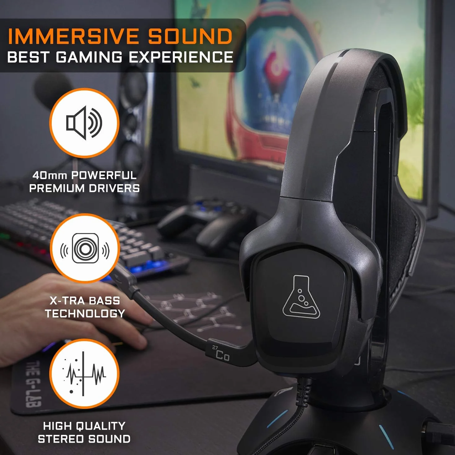 THE G-LAB KORP Cobalt Zestaw słuchawkowy dla graczy - Zestaw słuchawkowy stereo audio dla graczy, ultralekki, mocny bas - mikrofon 3,5 mm Jack dla PC PS4 PS5 Xbox One Switch Smartphone (czarny)