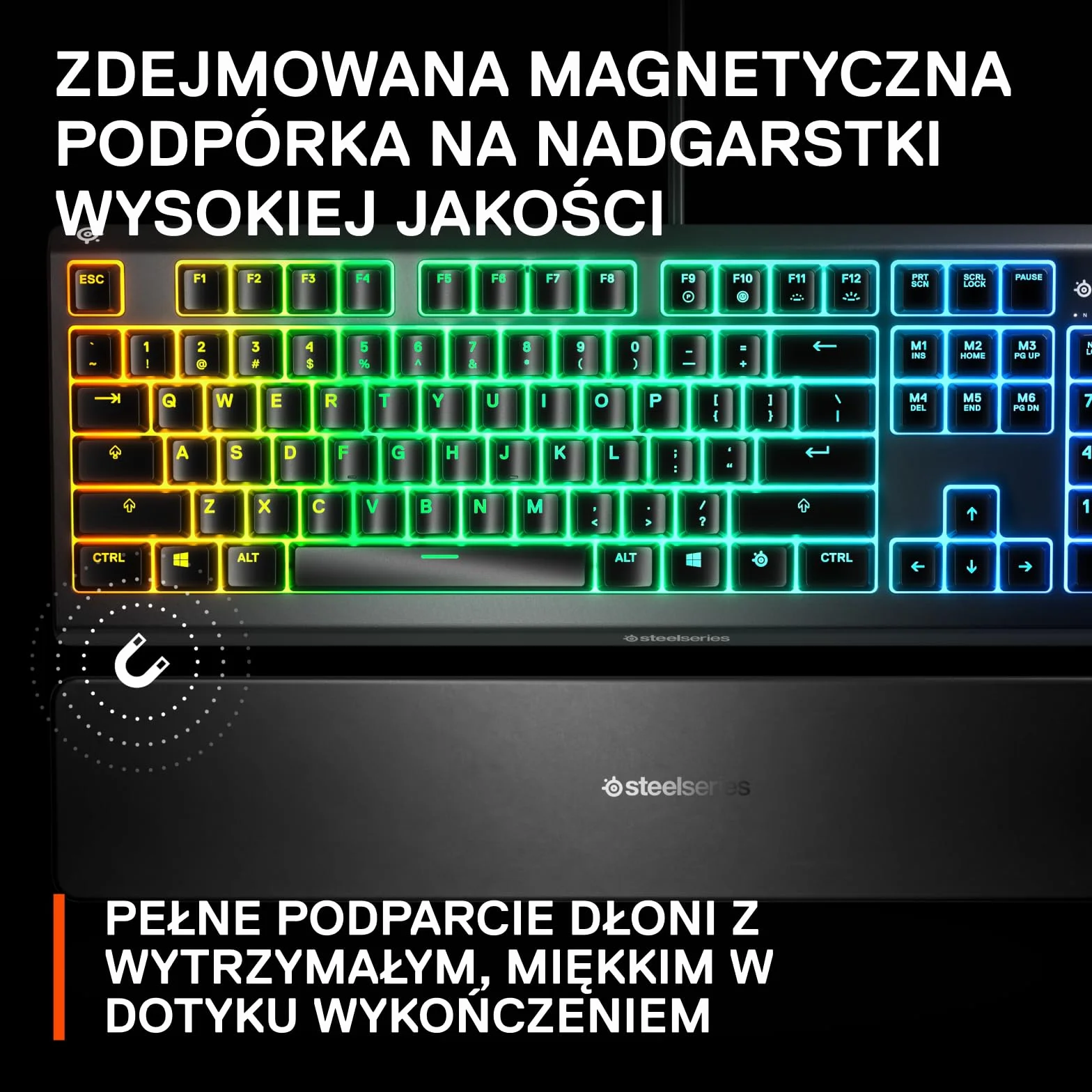 SteelSeries Apex 3 - klawiatura do gier RGB - 10-strefowe podświetlenie RGB - magnetyczna podpórka pod nadgarstki Premium - amerykański układ QWERTY, czarna