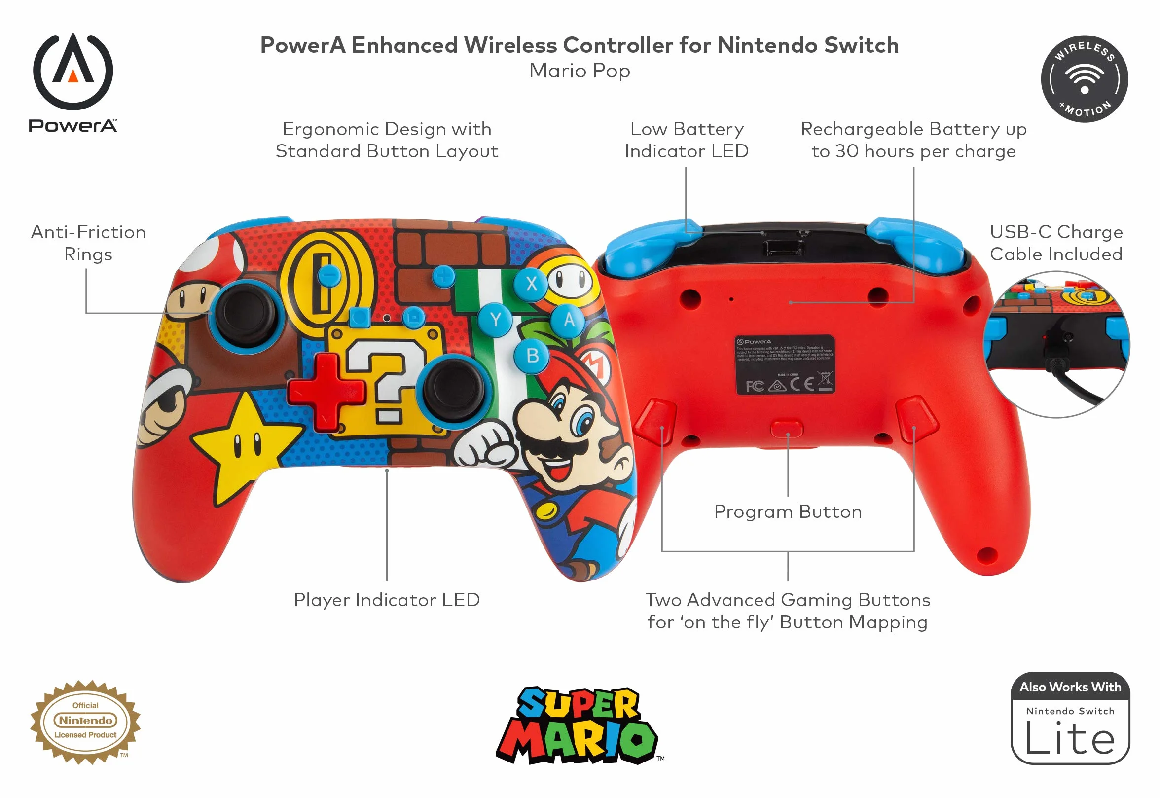 Ulepszony kontroler bezprzewodowy PowerA do konsoli Nintendo Switch – Mario Pop, Nintendo Switch Lite, gamepad, kontroler gier, kontroler Bluetooth, ekskluzywny Amazon