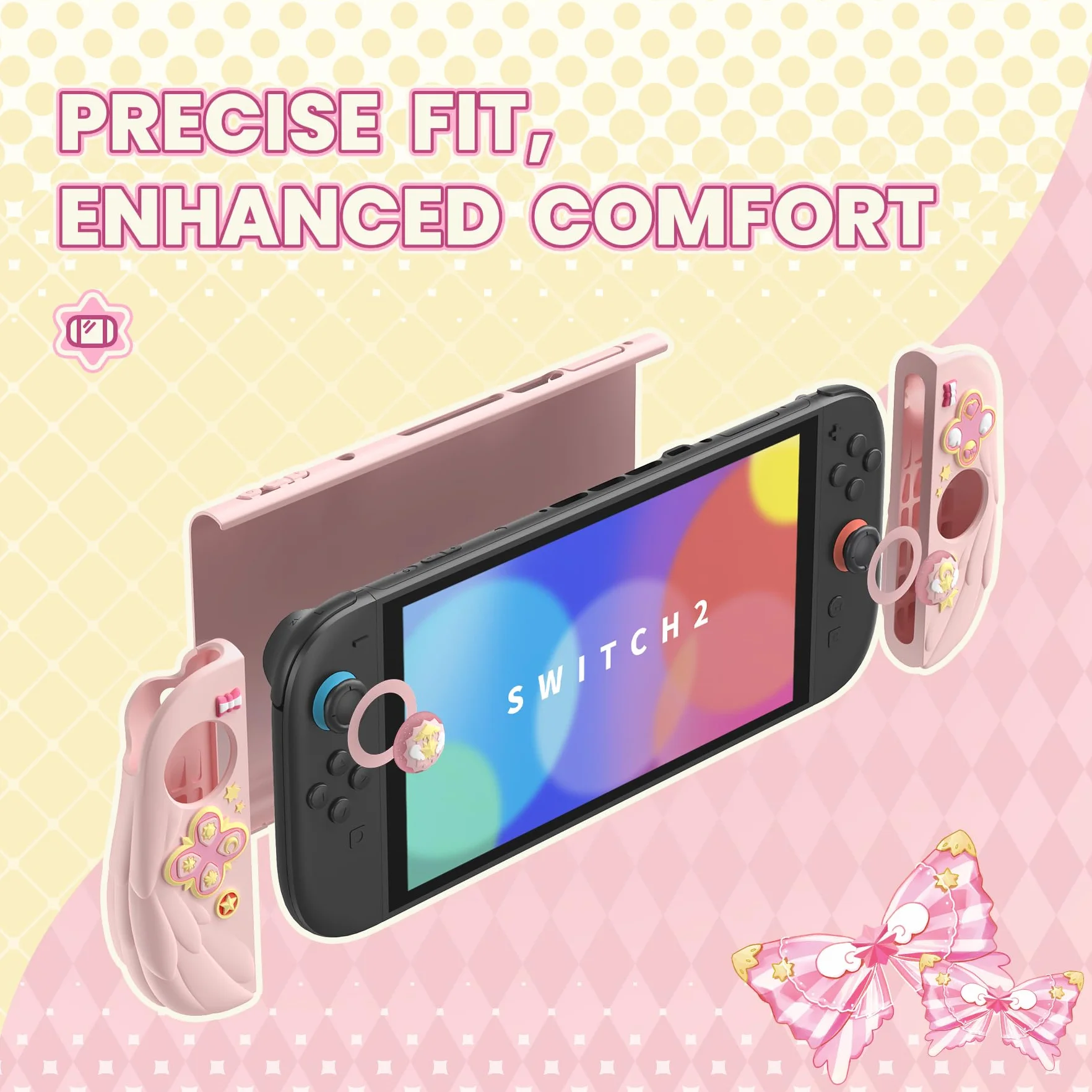 PlayVital Etui Ochronne do Switch 2 z Silikonowymi Osłonami Joycon, Różowe, Styl Magiczne Skrzydła