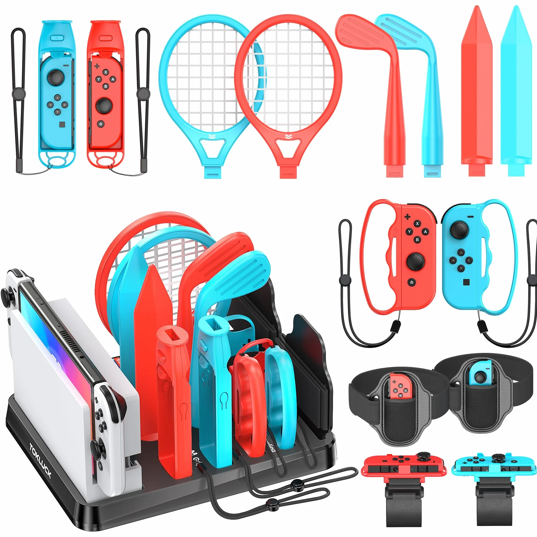 Tokluck 15 w 1 Akcesoria sportowe Switch 2023, zestaw akcesoriów sportowych Switch z organizerem do konsoli Switch/OLED i akcesoriami sportowymi do gier sportowych Switch
