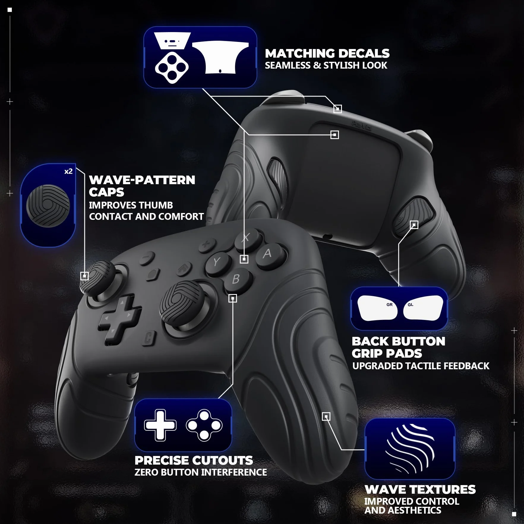 PlayVital Osłona na Kontroler do Switch 2 Pro z Osłonami na Tylne Przyciski & Nakładkami Joystick & Naklejkami,Silikonowe Etui Ochronne do Switch 2 Pro, Antywstrząsowy Grip-Czarny