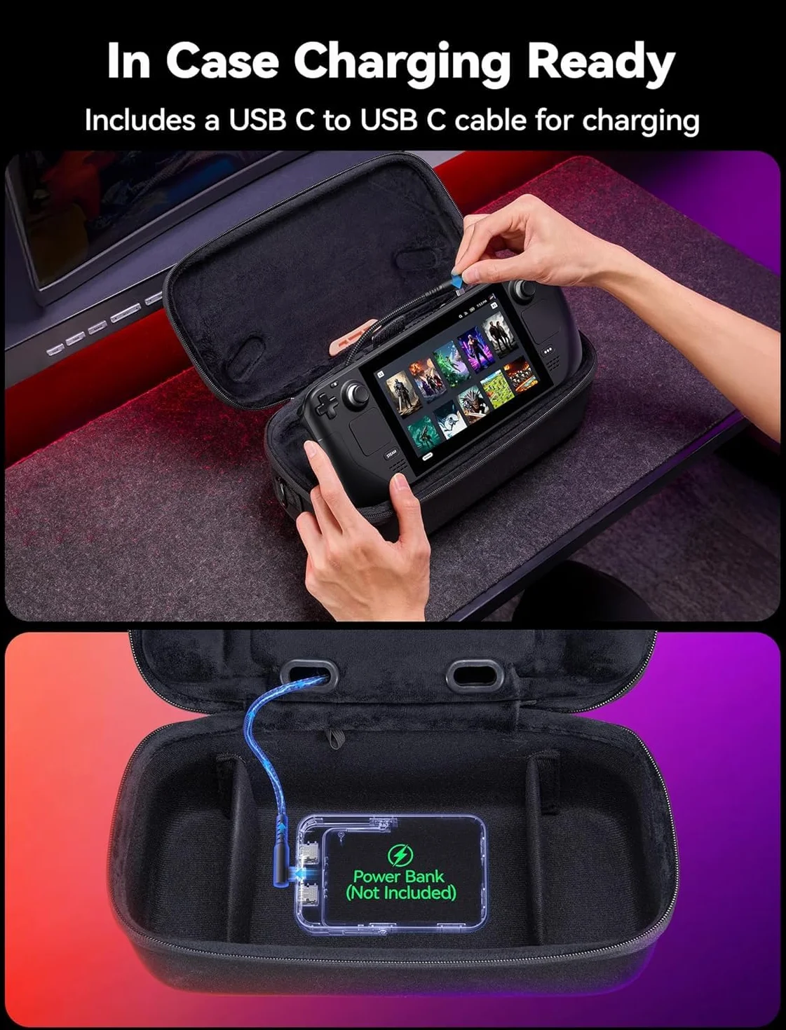 JSAUX Torba Steam Deck na Steam Deck i Steam Deck OLED, dwuwarstwowa, twarda obudowa ochronna z otworem na kabel, w zestawie kątowy kabel USB C, duża pojemność na ładowarkę i akcesoria