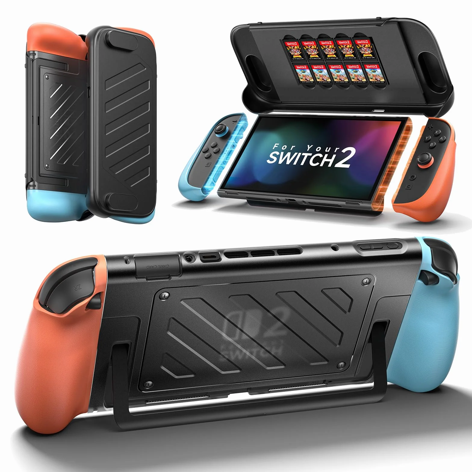 JSAUX Podzielone etui ochronne na Nitendo Switch 2, środkowa rama TPU i przednia osłona PC, antypoślizgowy ergonomiczny uchwyt, przechowywanie 10 kart do gier, obsługuje stojak, PC0114 (niebieski i