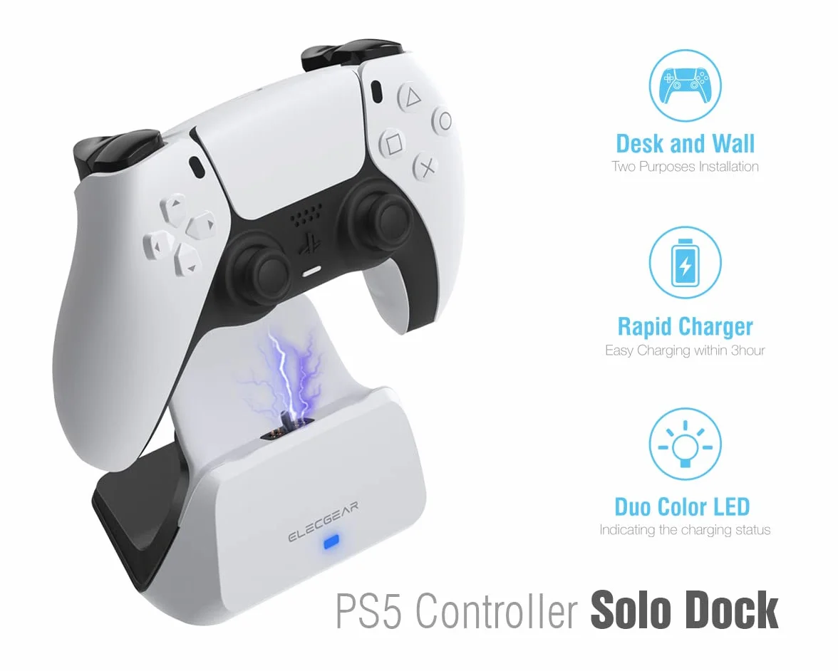 ElecGear Stacja ładująca Solo dla Kontrolera PS5, Uchwytem ściennym i Biurkiem Stacja Dokująca z ładowarką USB dla kontrolera bezprzewodowego PlayStation 5 DualSense
