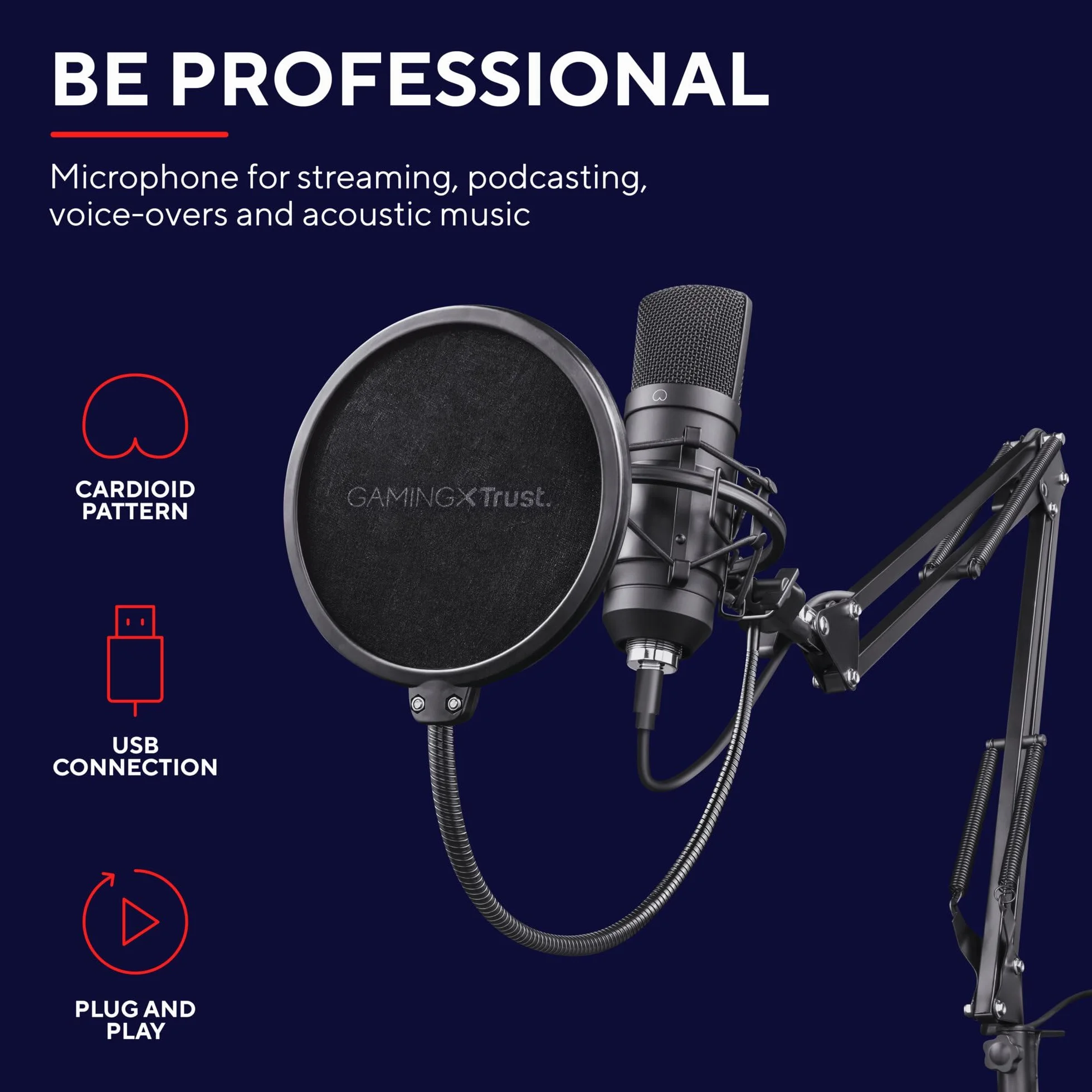 Trust Gaming GXT 252+ Emita Profesjonalny Mikrofon Studyjny z Ramieniem, Pop Filter i Kosz Antywibracyjny, Mikrofon Komputerowy USB z Wysięgnikiem, Podcast, ASMR, Nagrywanie Muzyki, Streaming, Gry