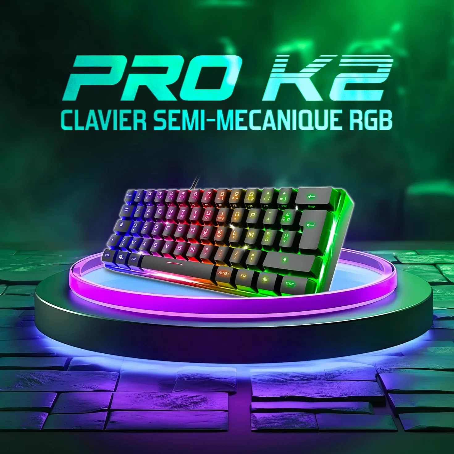 Spirit Of Gamer - Pro K2, pół-mechaniczna przewodowa klawiatura gamingowa, kompaktowy format TKL 60%, 62 klawisze, w tym 24 antyghosting, tęczowe podświetlenie RGB, regulowana wysokość, czarna