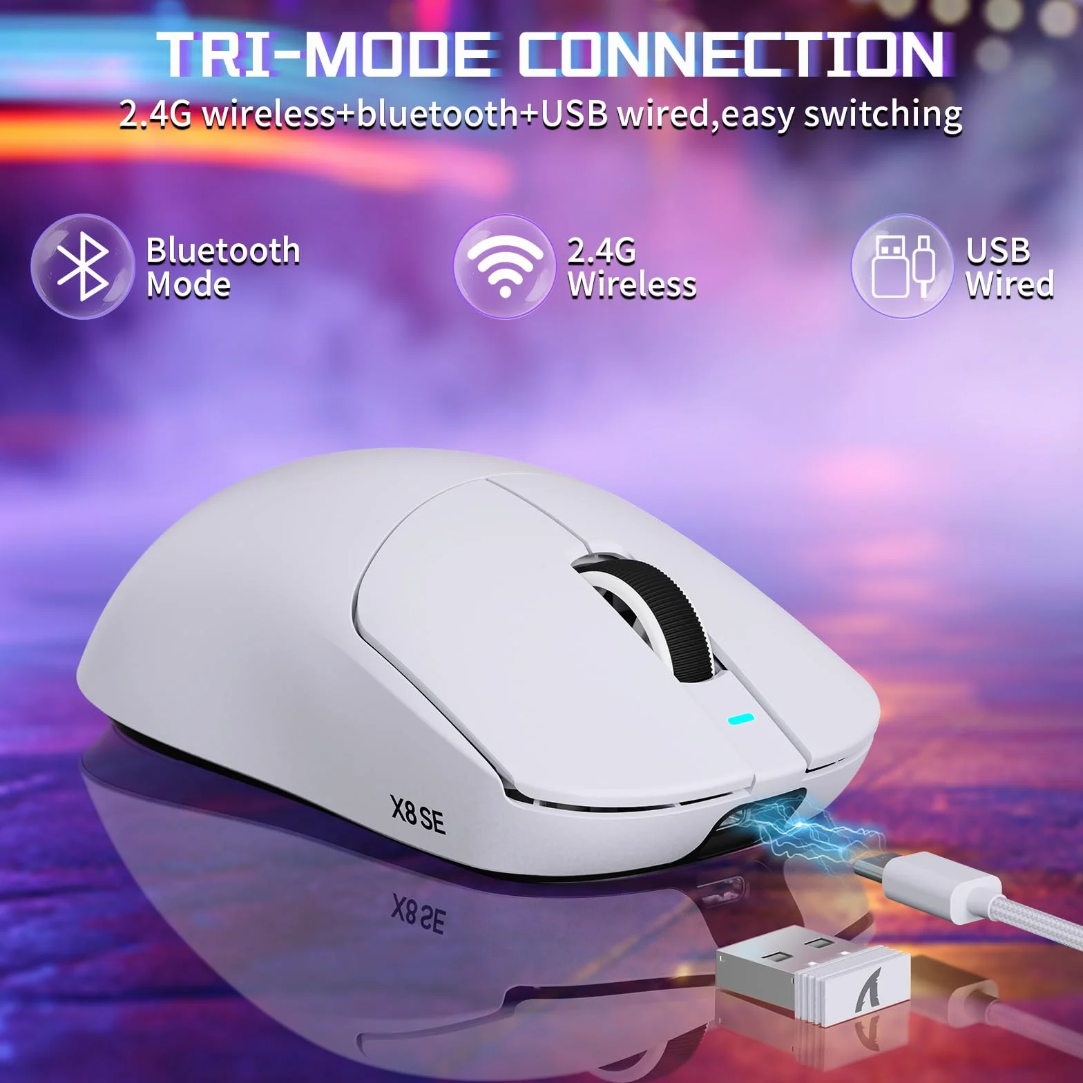 MAMBASNAKE X ATTACK SHARK X8SE Ultralekka bezprzewodowa mysz gamingowa 55g,25000DPI,sensor PixArt PAW3311,BT/2.4G/USB-C,żywotność 80 mln kliknięć,akceleracja 40G,500mAh,sterowniki online,Win/Mac–Biała