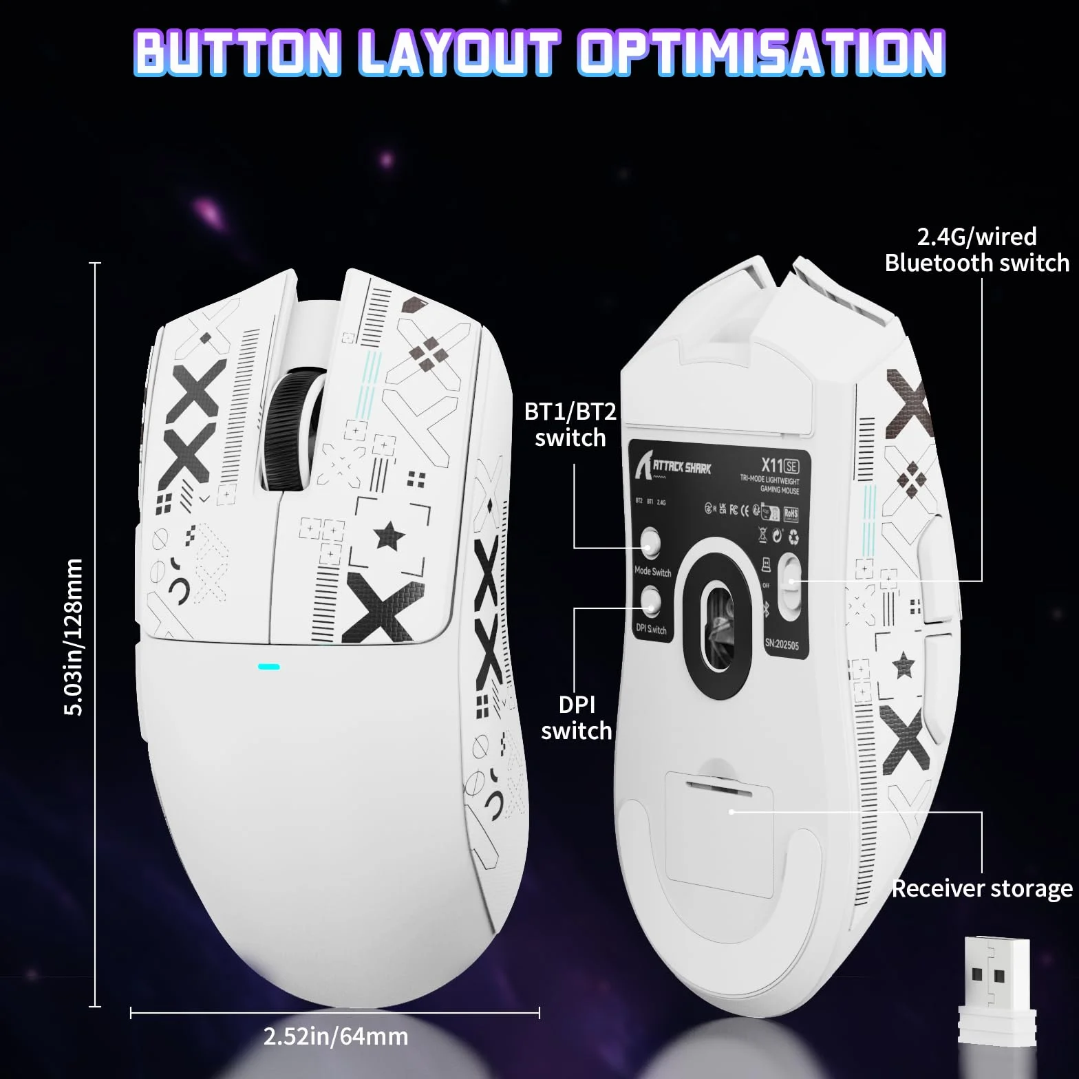 ATTACK SHARK X11SE Bezprzewodowa Mysz do Gier, 63g Superlekka z Czujnikiem PixArt PAW3311, 22000 DPI, Trzy Tryby BT/2,4 GHz/Przewodowy, 1000Hz, 300mAh, Dual Controller, do PC/XBOX/Mac (Biały z taśmą)