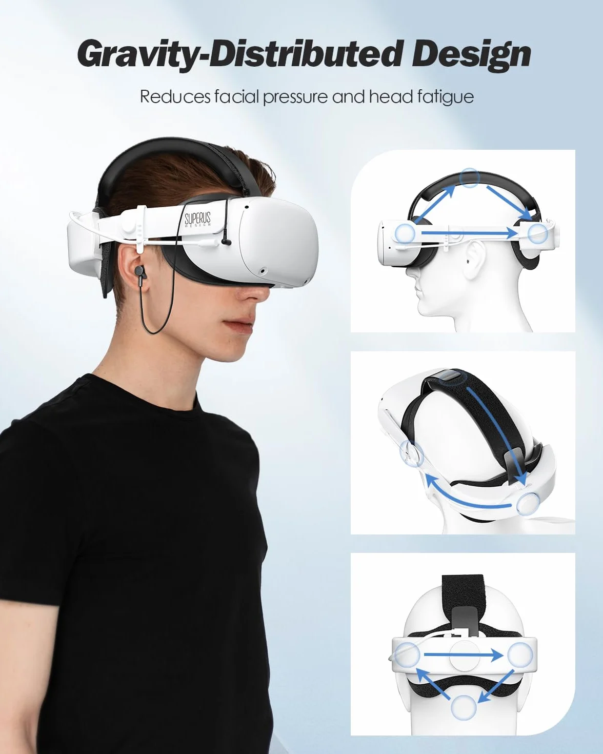 SUPERUS Pasek na głowę baterii dla Quest 2 ze słuchawkami, regulowany pasek elitarny, akcesoria zastępcze dla Meta/Oculus Quest 2, wydłuża czas odtwarzania i zmniejsz nacisk na głowę