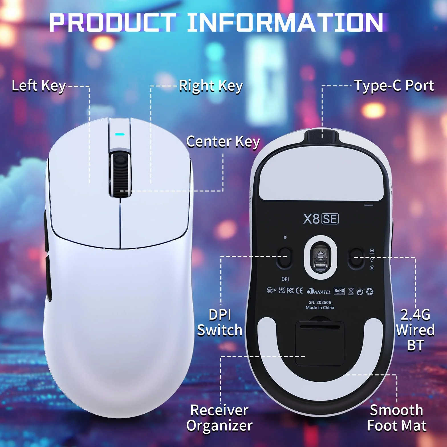 MAMBASNAKE X ATTACK SHARK X8SE Ultralekka bezprzewodowa mysz gamingowa 55g,25000DPI,sensor PixArt PAW3311,BT/2.4G/USB-C,żywotność 80 mln kliknięć,akceleracja 40G,500mAh,sterowniki online,Win/Mac–Biała