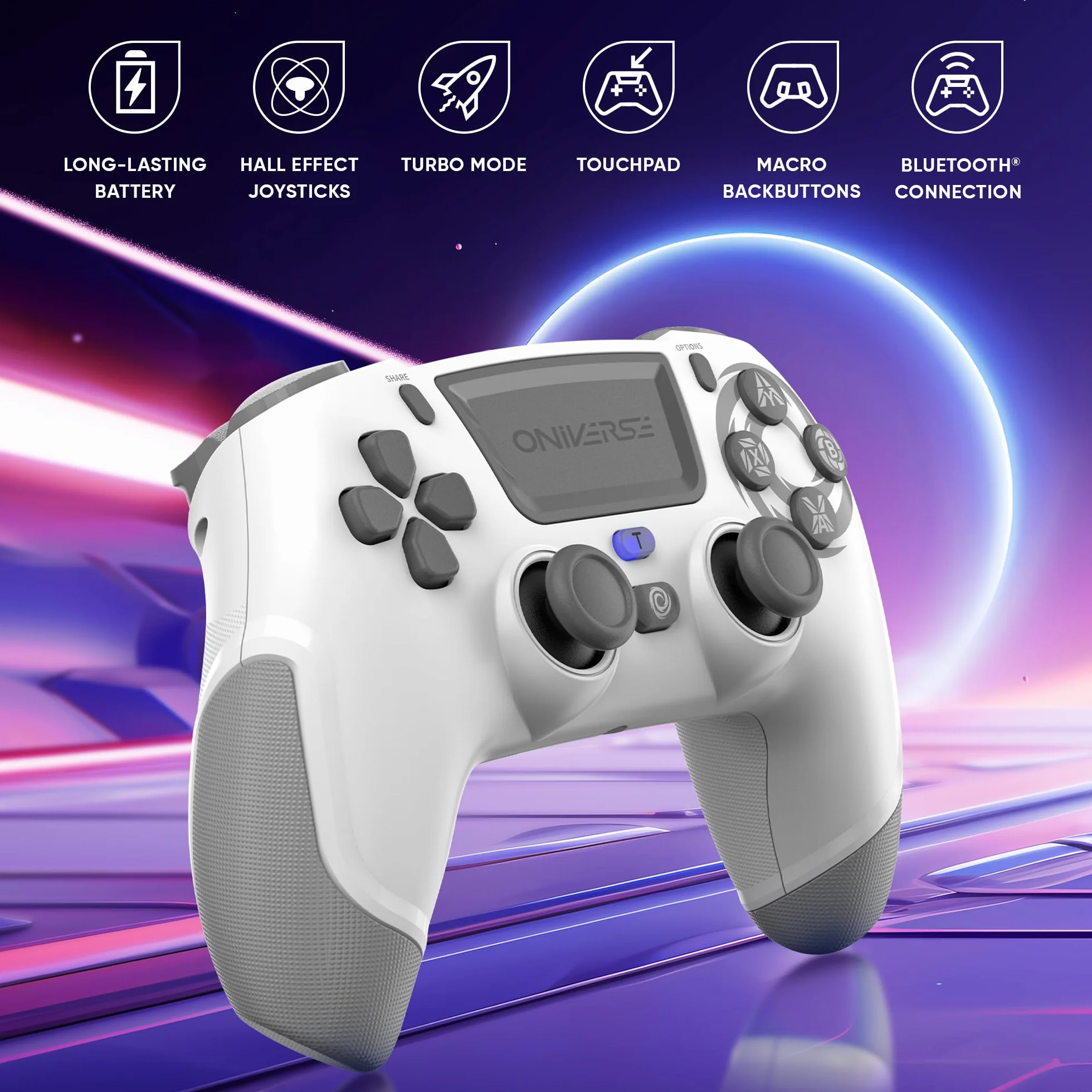 Oniverse Bezprzewodowy kontroler do PS4 PS3 PC Android iOS, gniazdo słuchawkowe, joystick z efektem hali, akumulator 1000 mAh, przyciski makro, funkcja budzenia, 6-osiowy żyroskop, Revolt White