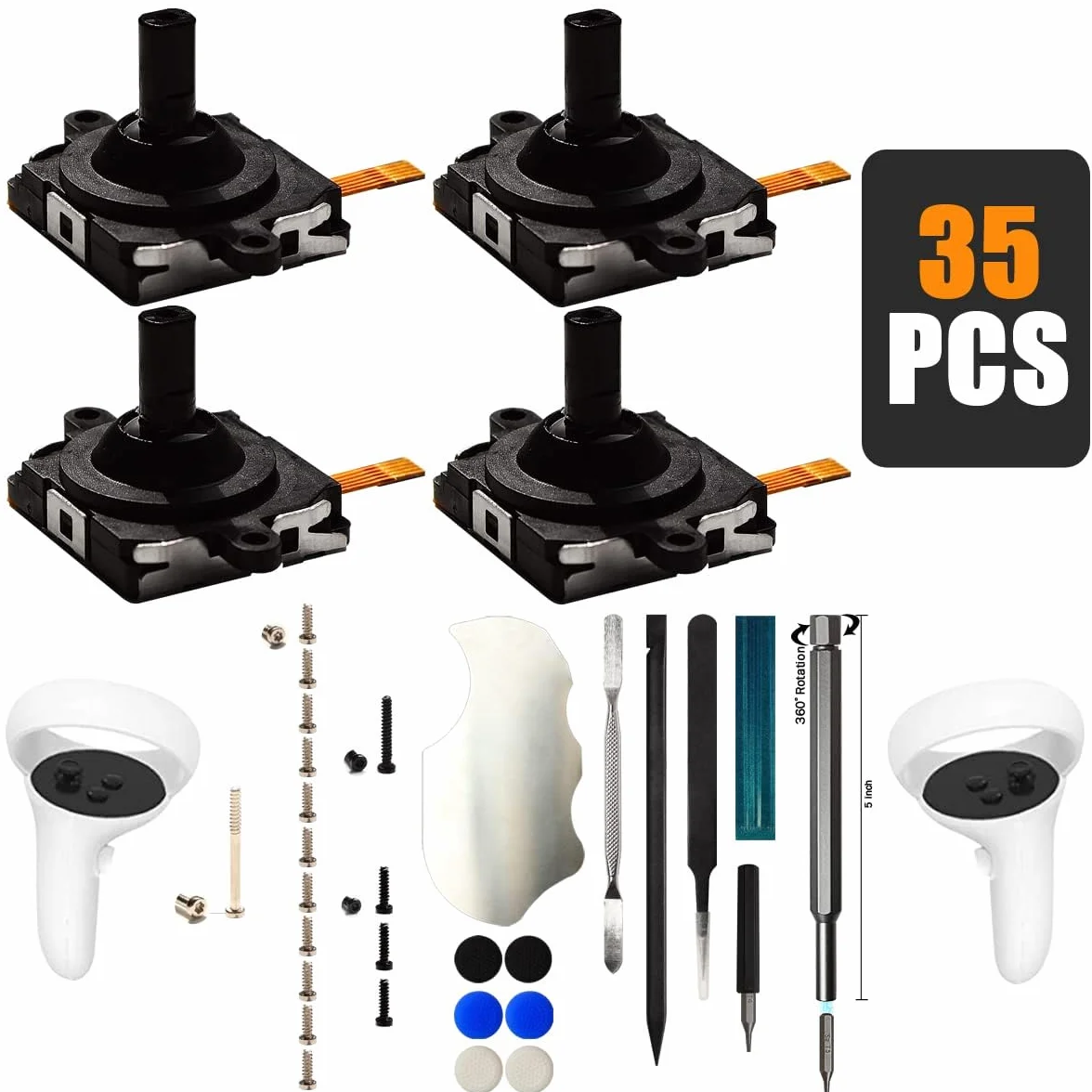 iParto 4-pak zamienników joysticka do kontrolera Oculus Quest 2, zamiennik drążka kciuka do Meta Quest 2, lewy/prawy joystick analogowy ze śrubami, zatyczkami na kciuki, narzędzia