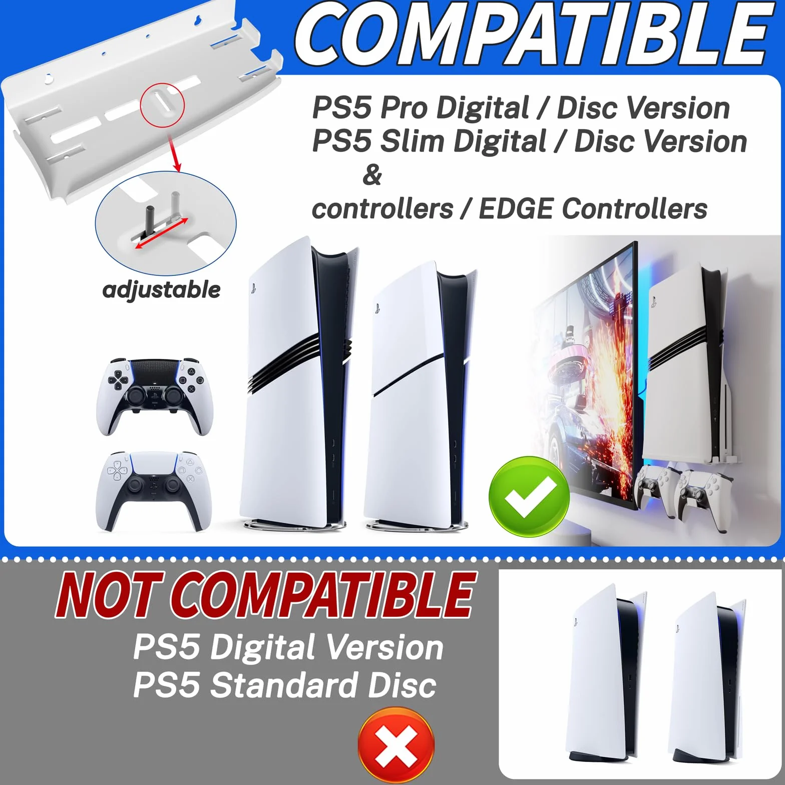 sciuU Uchwyt ścienny do konsoli i kontrolera PS5 Slim / PS5 Pro - stalowy wspornik ścienny 2mm kompatybilny z PlayStation 5 Slim wersje Disc/Digital + uchwyt na 2 kontrolery do gier